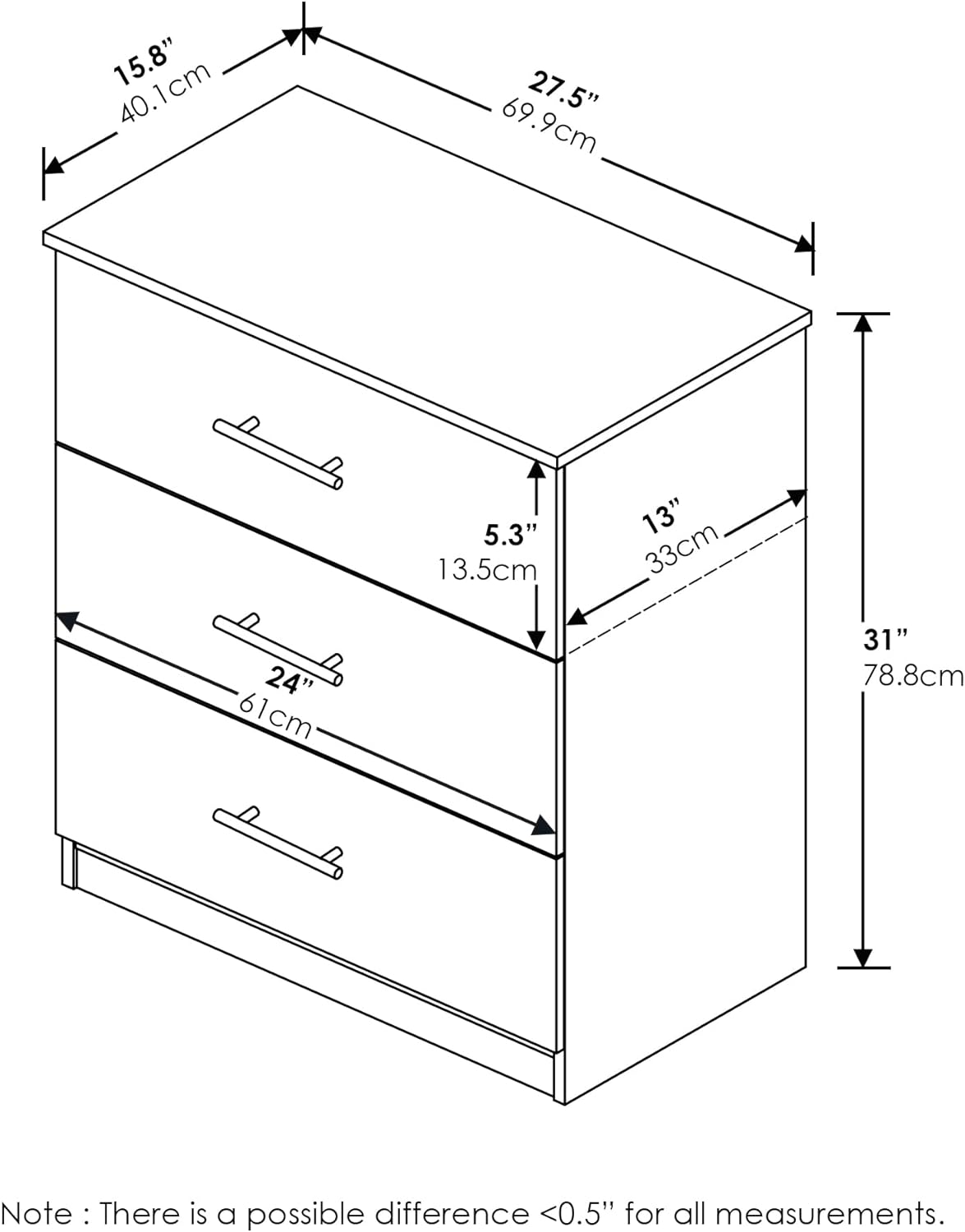 Furinno Tidur Simple Design Dresser. 3-Drawer Handle. Solid White