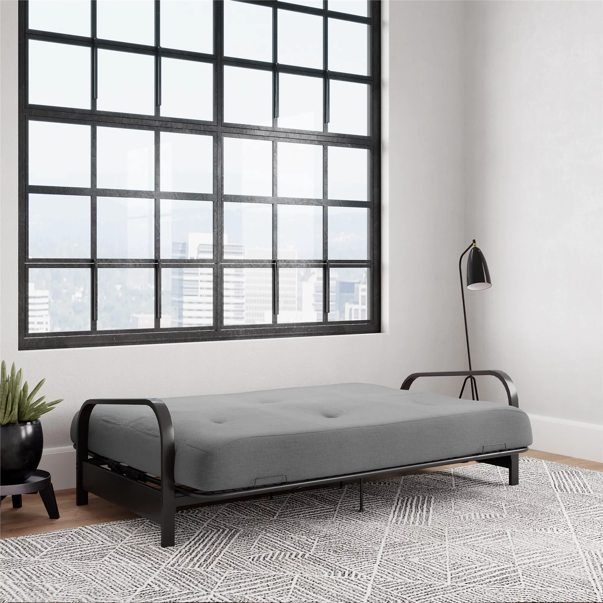DHP Cleo Black Metal Arm Full Size Futon Frame with 6 Gray Mattress
