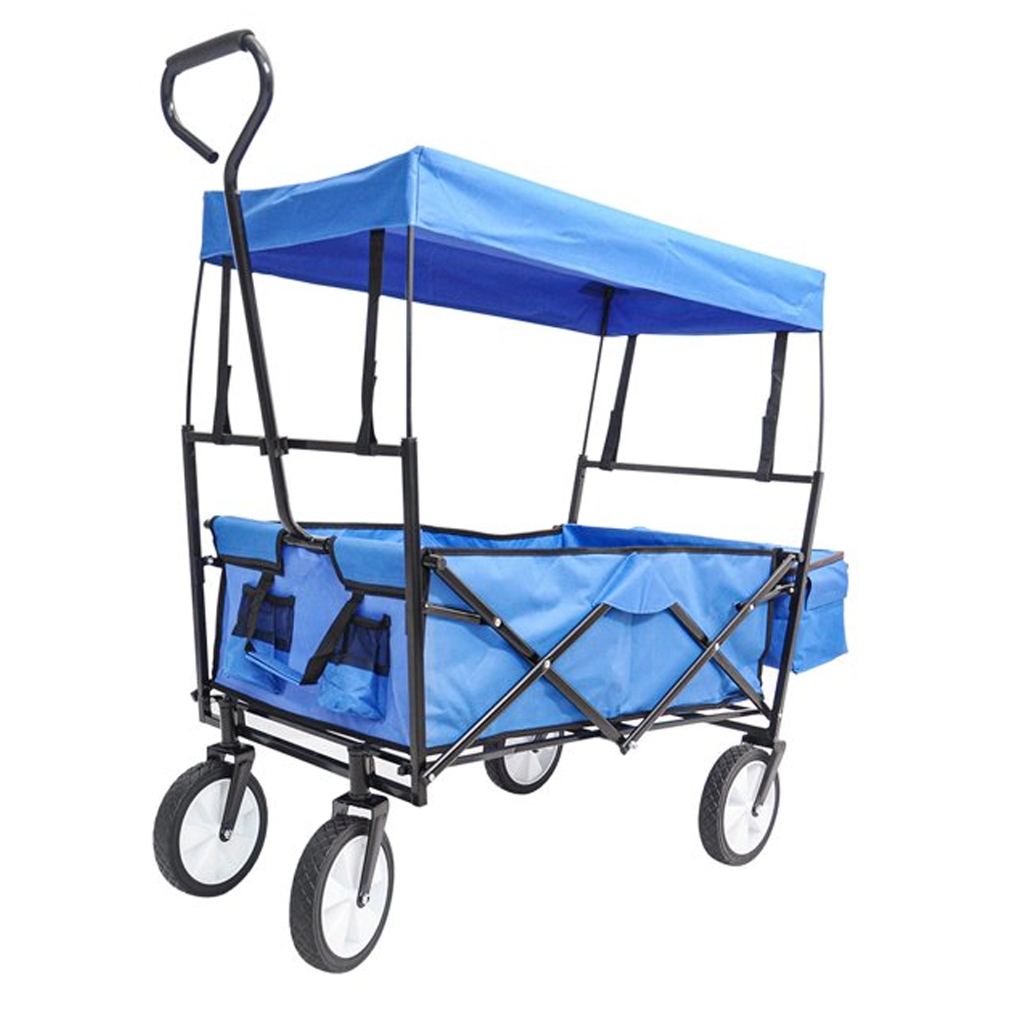 Collapsible Wagon Folding Cart with Canopy Beach Garden Outdoor Sport Utility Cart Wheels Adjustable Handle Rear Storage. Blue 49.2 x 20.5 x 45.27 inches