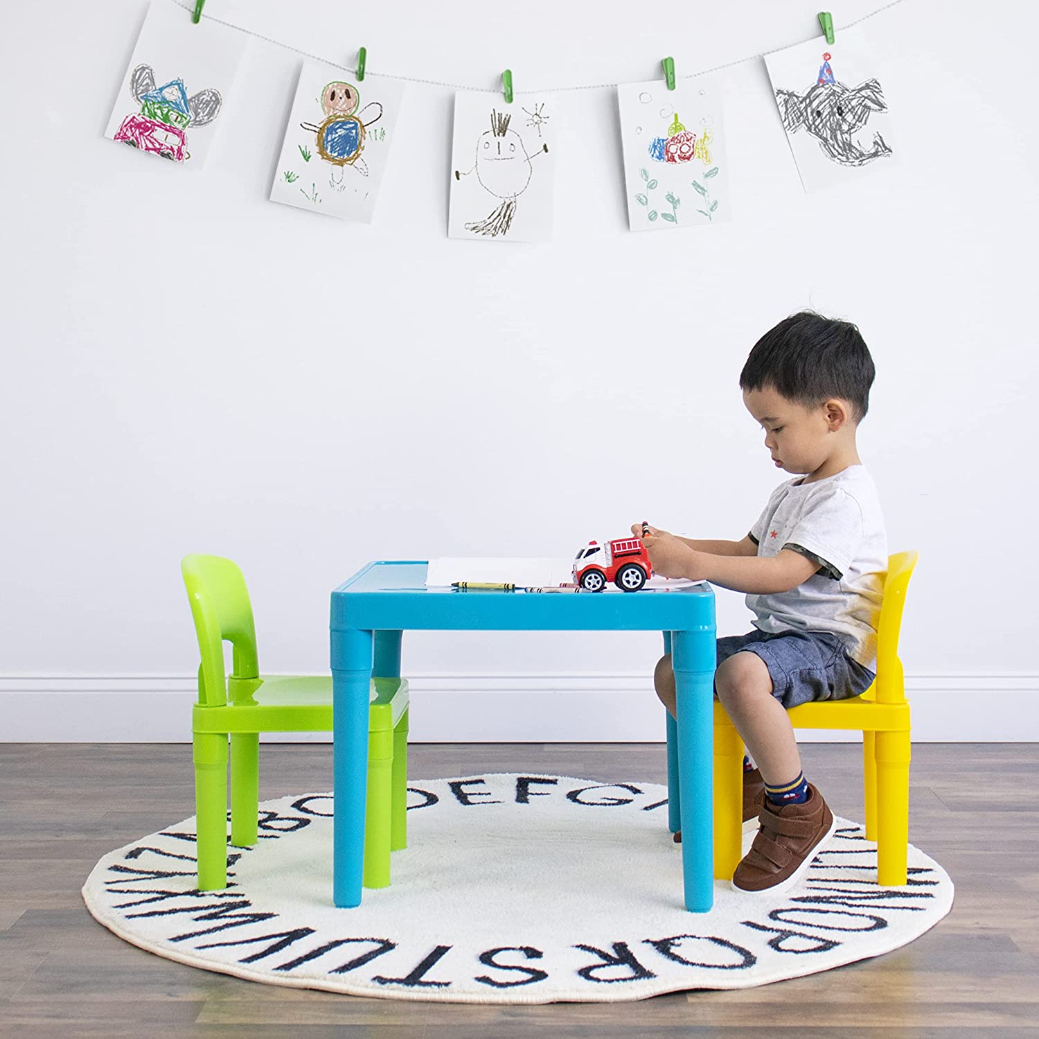 Humble Crew. Aqua Table & Green/Yellow Kids Lightweight Plastic Table and 2 Chairs Set. Square. Toddler