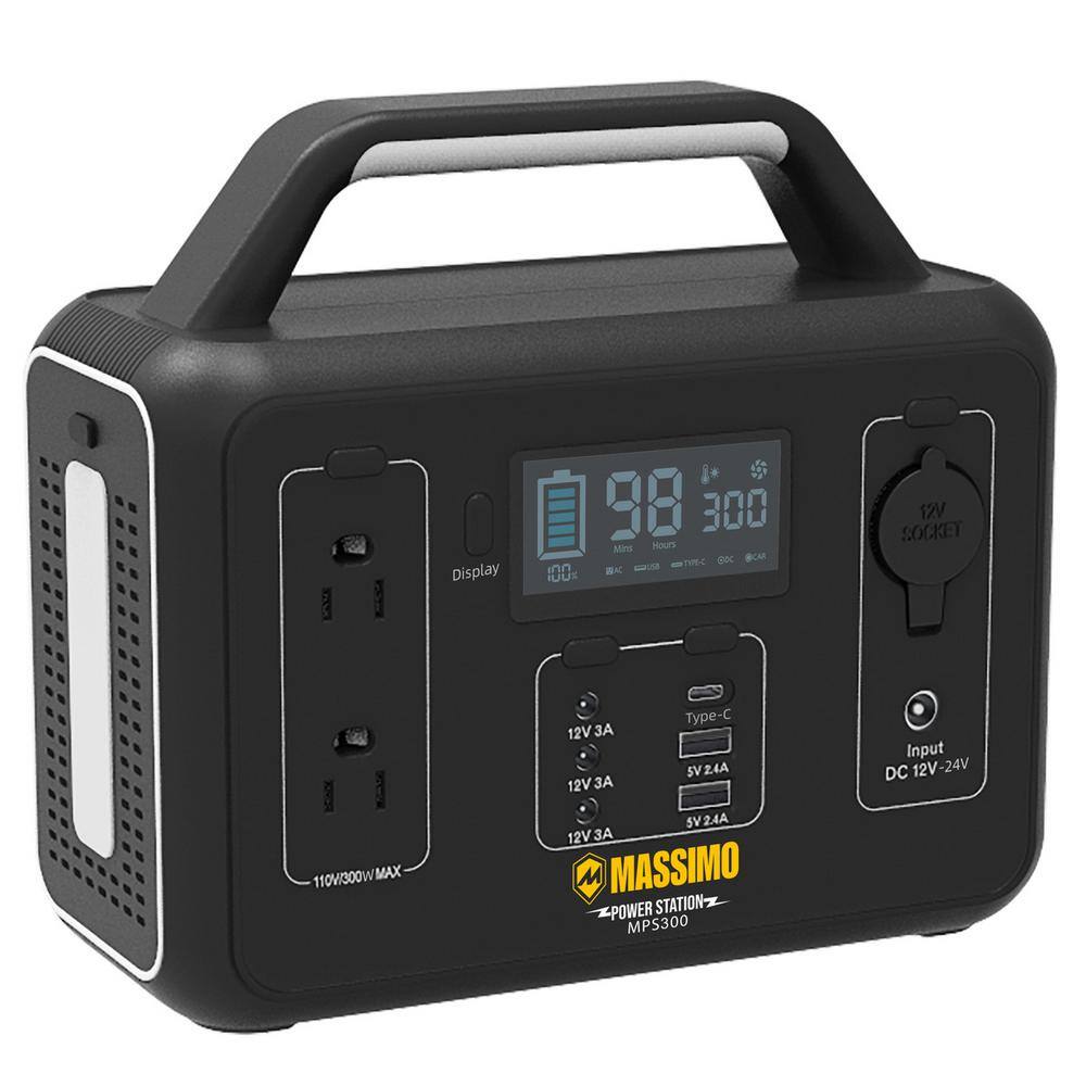M MASSIMO MOTOR MPS-300W 300-Watt Power Station 9 Ouputs with LED Light Backup Lithium Battery Pure Sine Wave AC Outlet Push Button Start