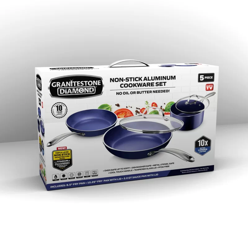 Granitestone Nonstick Pots and Pans Set 5 Piece Nonstick Cookware Set Stay Cool Handles. Dishwasher Safe Dorm Room Essentials Cookware Set. Includes Fry Pans. Saucepan / Pot and Lids College Essentials Kitchen Set