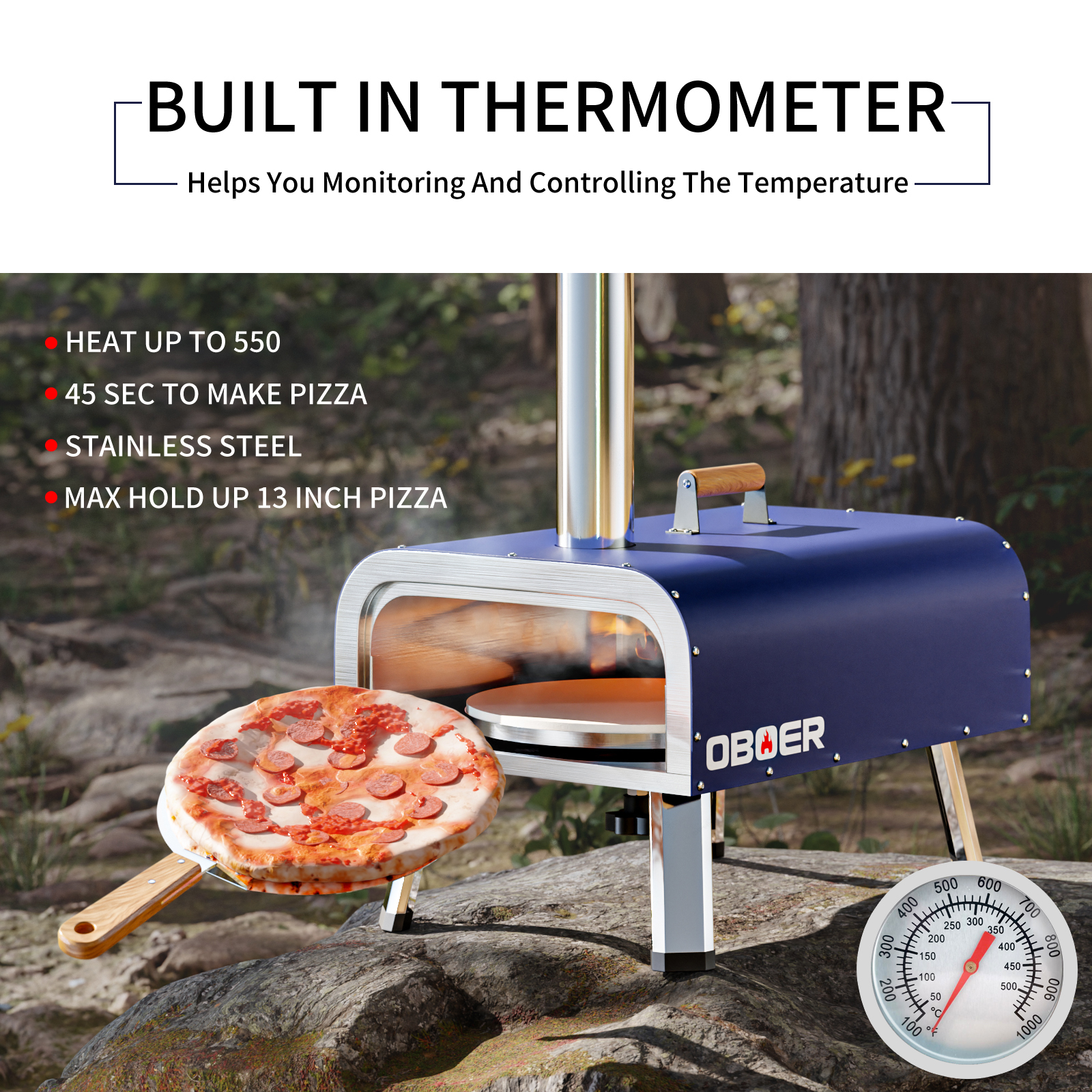 NAIZEA Outdoor Pizza Oven. Wood Fire Stainless Steel Pizza Grill. with Pizza Stone. Pizza Peel. Fold-up Legs. Cover(Blue)