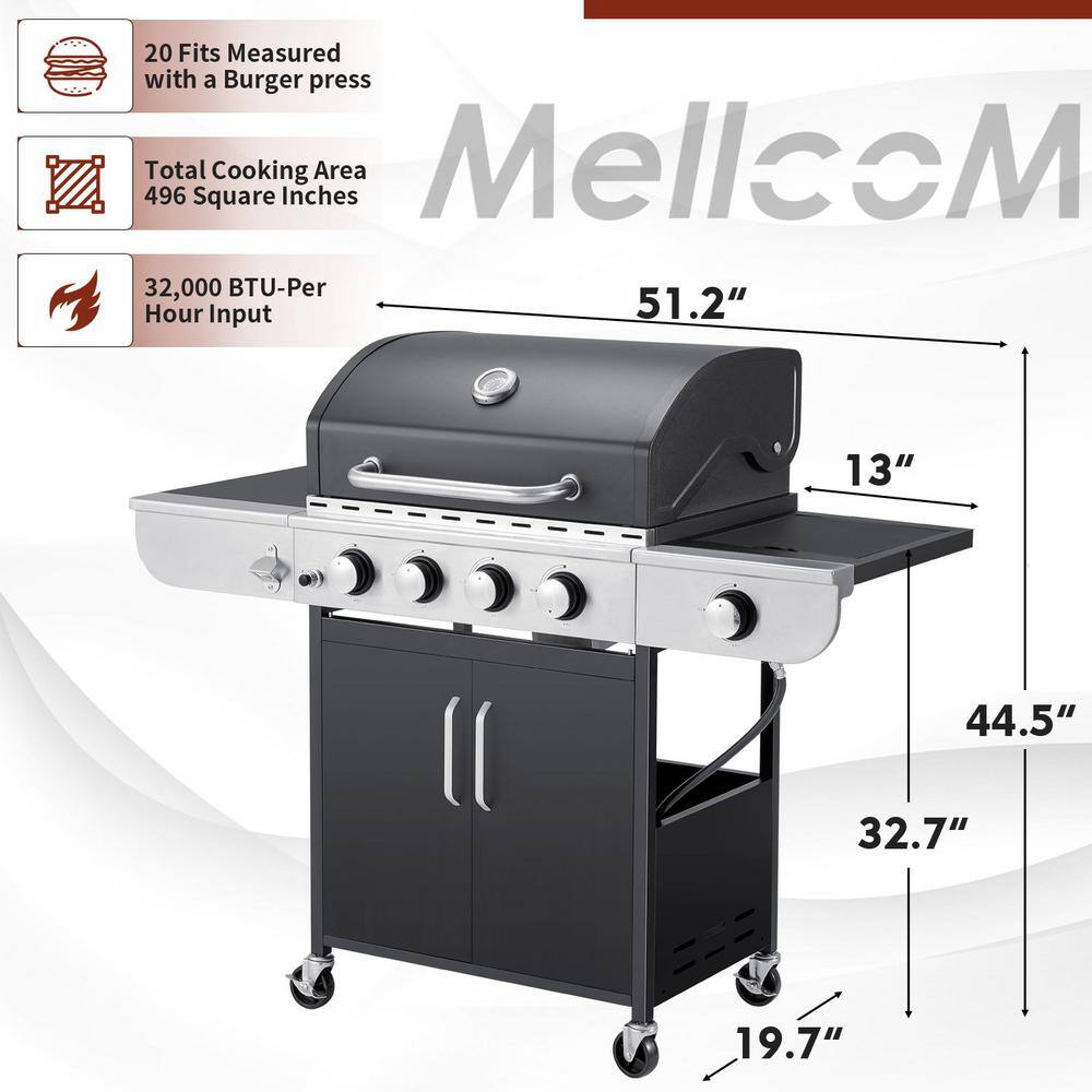 MELLCOM BGGIN0071 5-Burner BBQ Propane Gas Grill. 24.000 Stainless Steel Patio Garden Barbecue Grill in Black