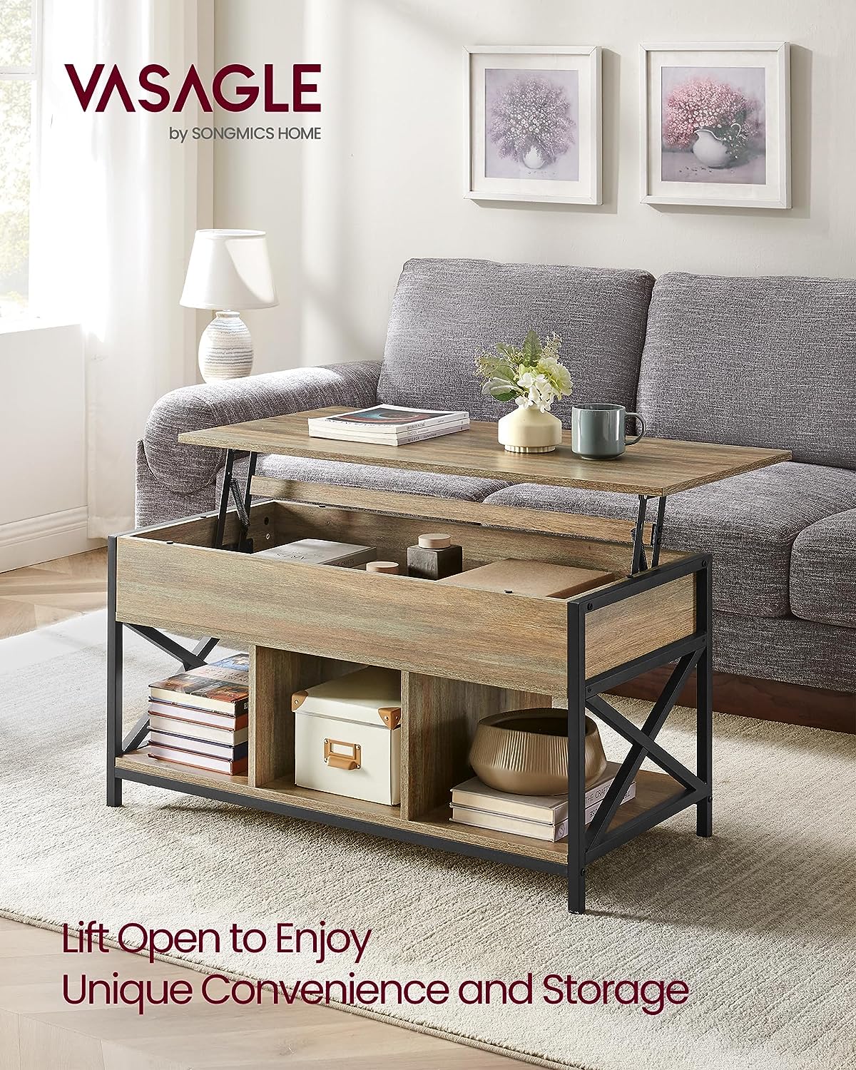 VASAGLE Lift Top Coffee Table for Living Room. Industrial Coffee Table with Hidden Compartments and Storage Shelf. Steel Frame. 19.7 x 39.4 x (19.3-24.4) Inches. Oak with Blue Grains ULCT202B60