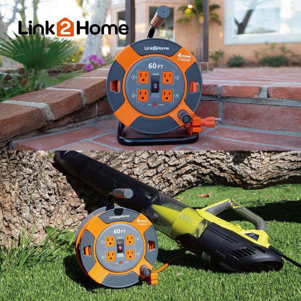 Link2Home EM-EL-600E 60 ft. 14/3 Extension Cord Storage Reel with 4