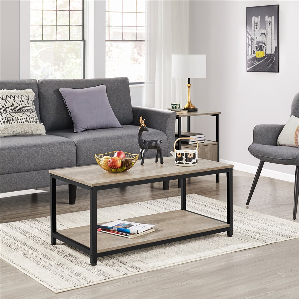Alden Design Industrial Coffee Table with Storage Shelf. Rustic Gray