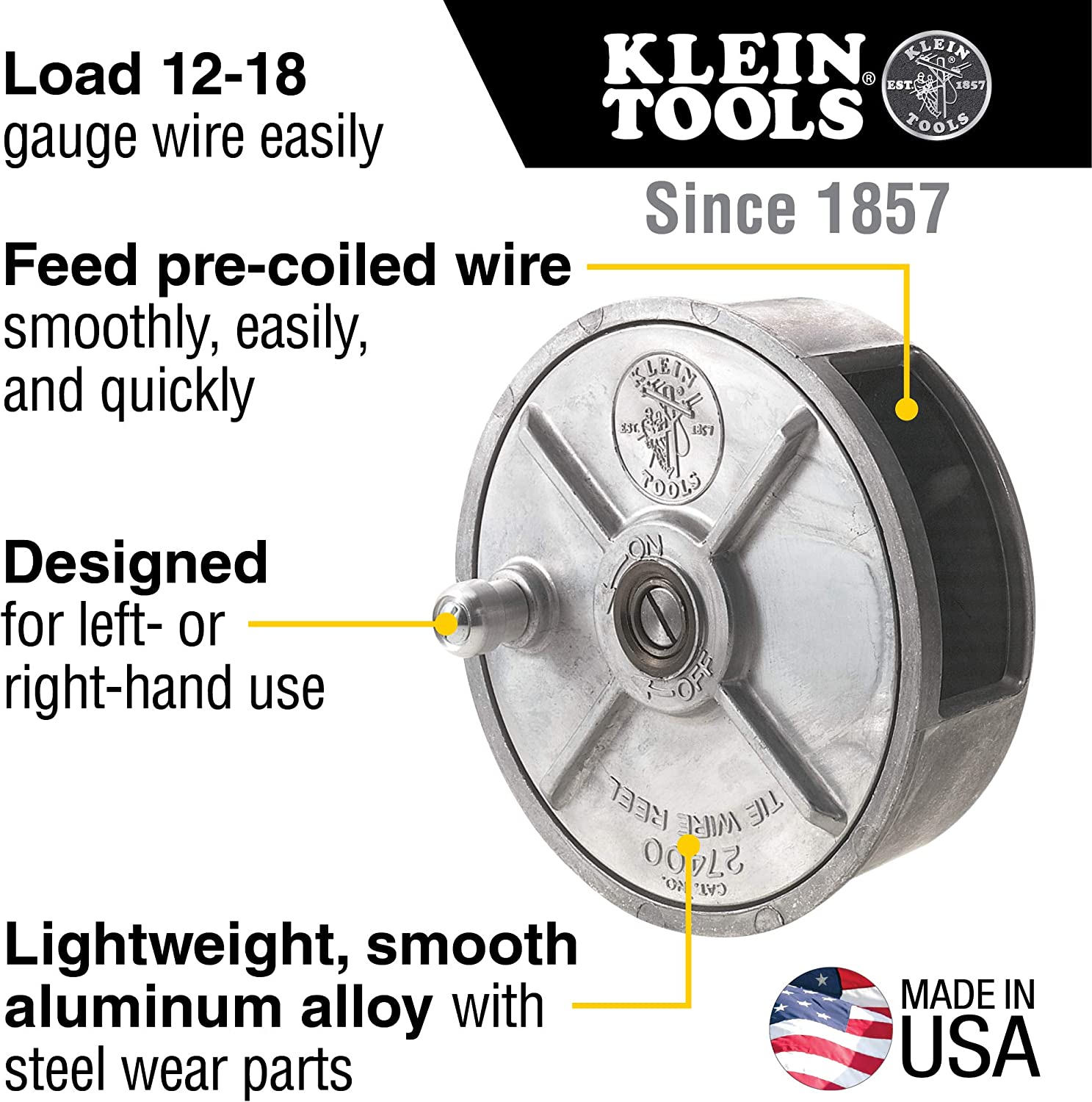 Klein Tools 27400 Tiewire Reel. Lightweight Aluminum. Left Handed and Right Handed with Rewind Knob