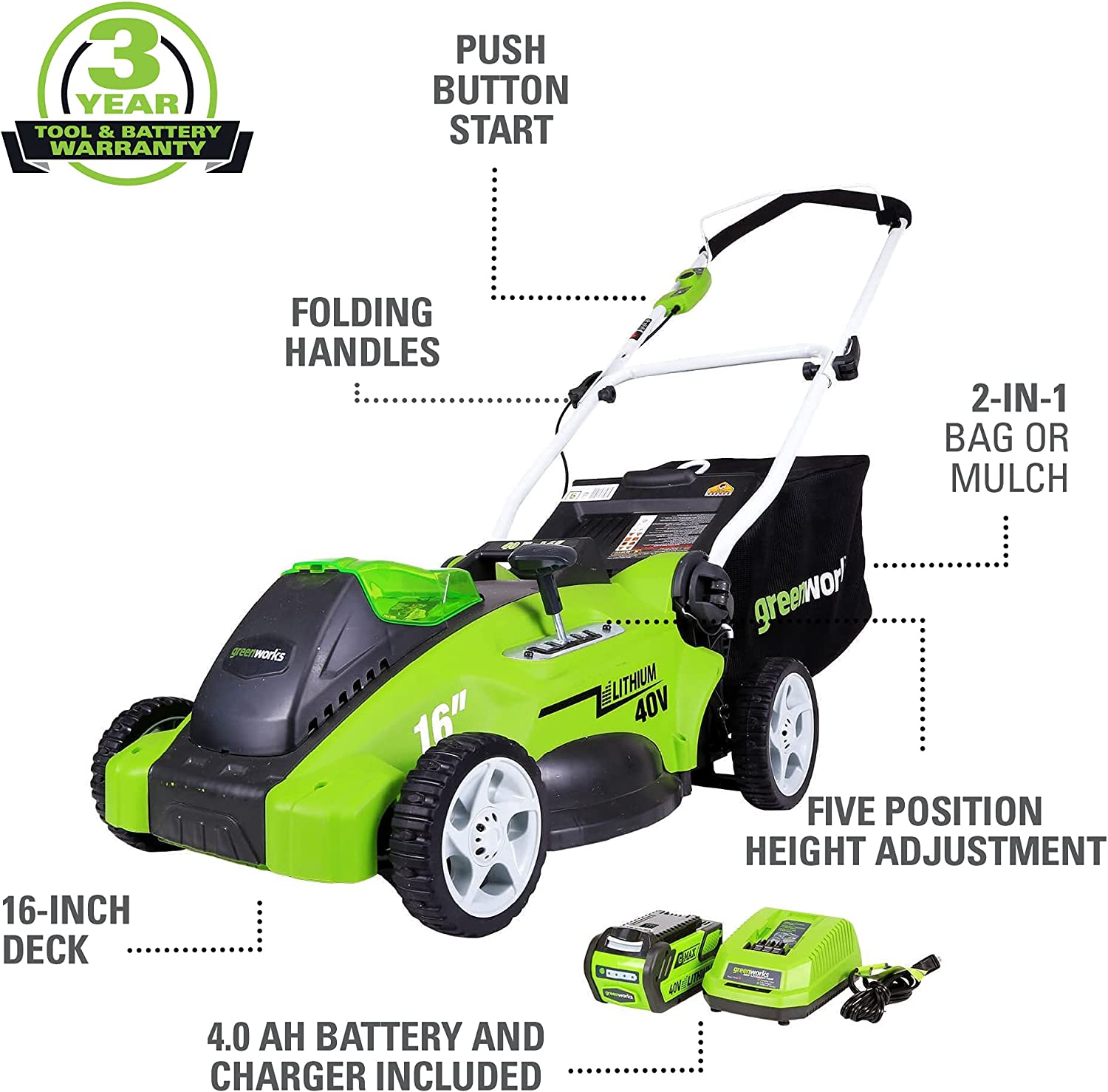 Greenworks 40V 16″ Cordless Electric Lawn Mower. 4.0Ah Battery and Charger Included