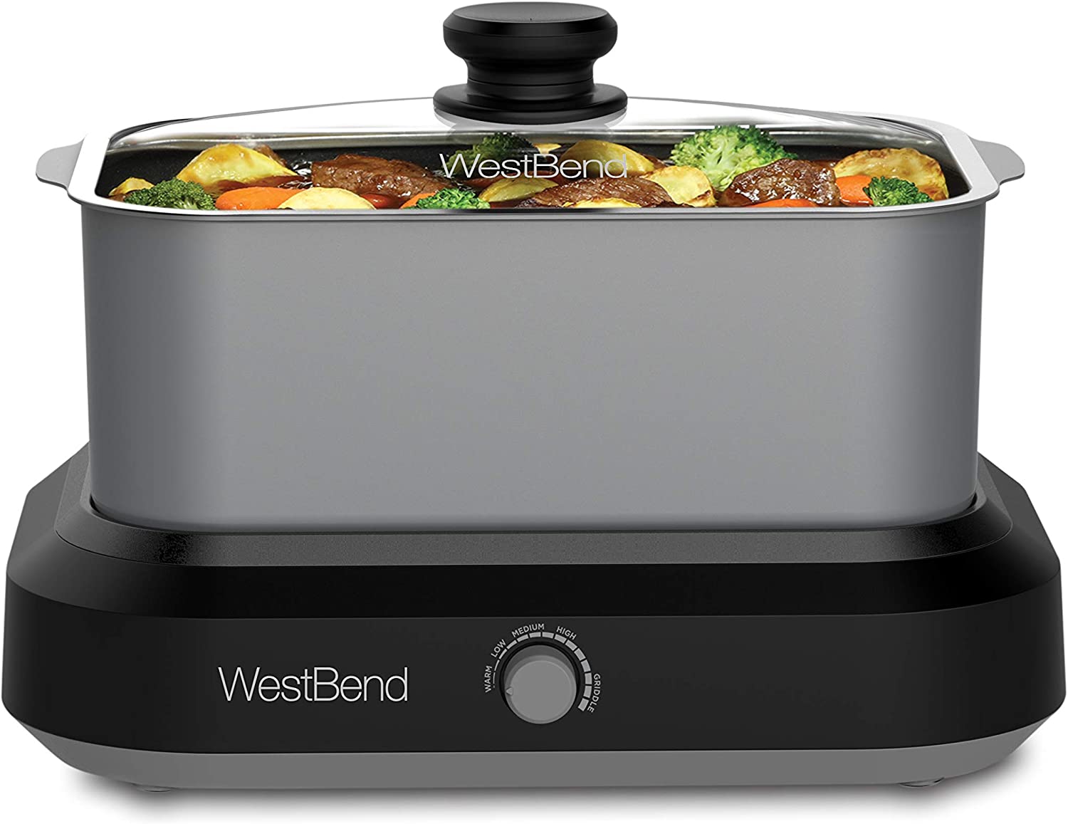 West Bend 87905 Slow Cooker Large Capacity Non-stick Variable Temperature Control Includes Travel Lid and Thermal Carrying Case. 5-Quart. Silver