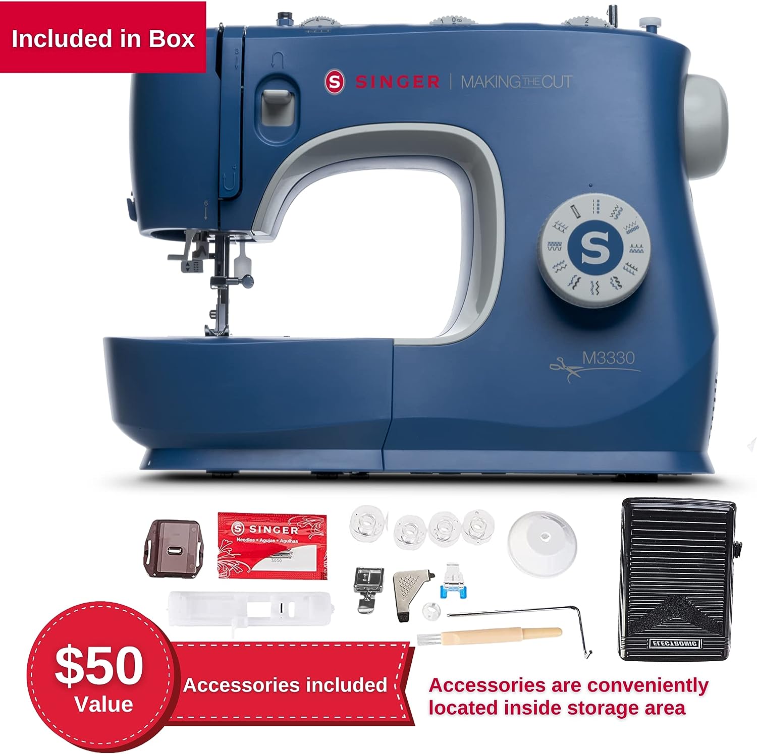 SINGER Making The Cut Sewing Machine with 97 Stitch Applications & Accessory Kit M3330. Simple & Easy To Use. Perfect For Beginners. Blue.