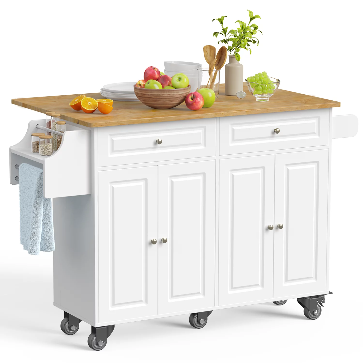Bealife 52″ Kitchen Island Carts with Storage on Wheels. White
