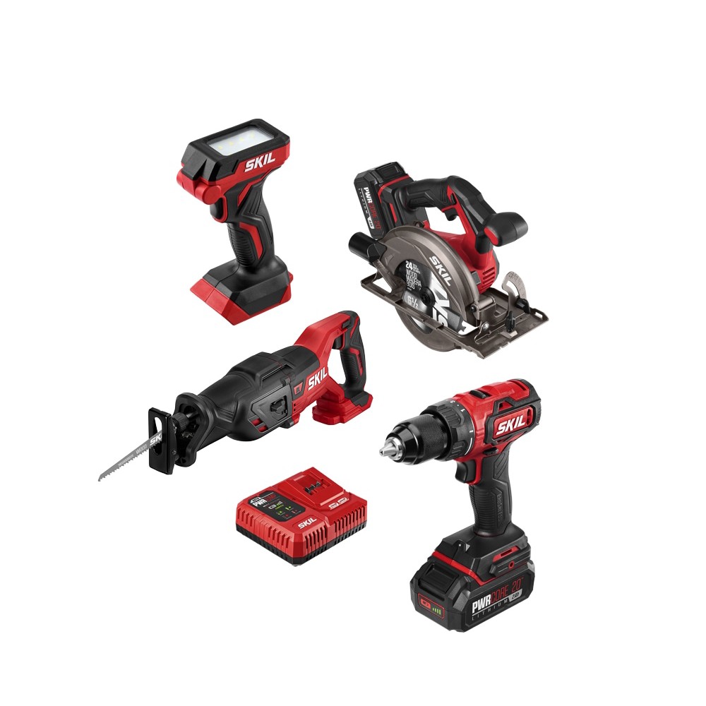SKIL PWR CORE 20 4-Tool 20-volt Brushless Power Tool Combo Kit Case (2 Li-ion Batteries Included and Charger Included)