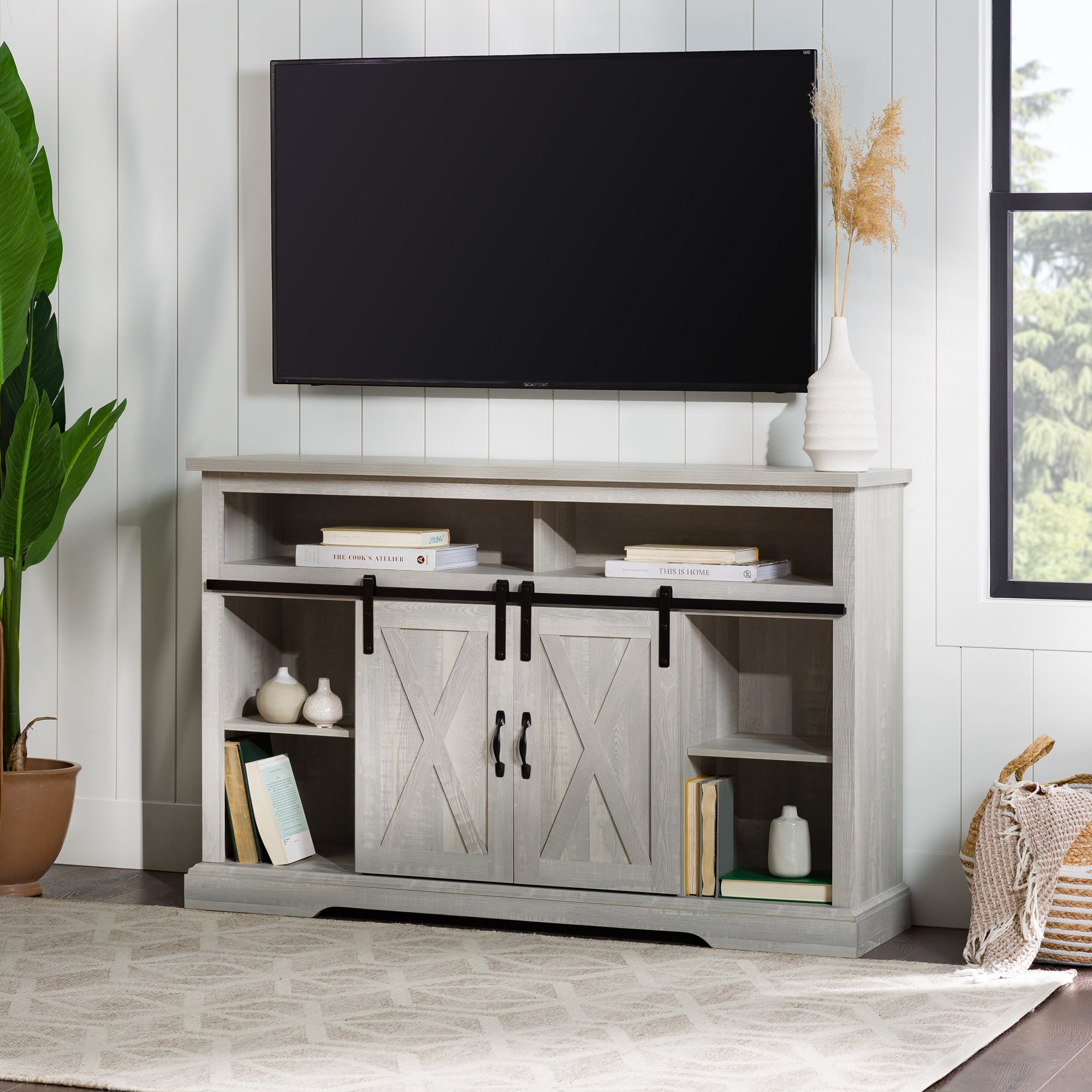 Woven Paths Farmhouse Barn Door TV Stand for TVs up to 58″. Stone Grey