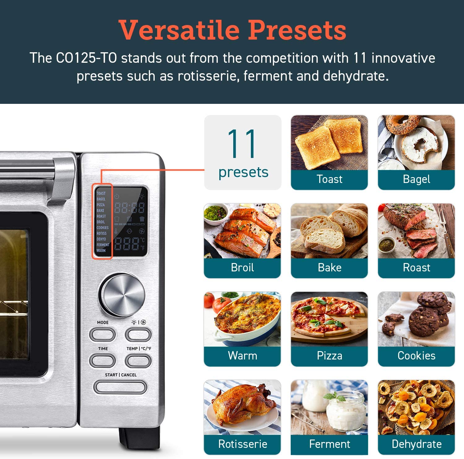 COSORI Toaster Oven. 11-in-1 Convection ovens countertop. Rotisserie & Dehydrator. 12 inch pizza . 52 Recipes & 5 Accessories. CO125-TO. 26.4QT. Stainless steel
