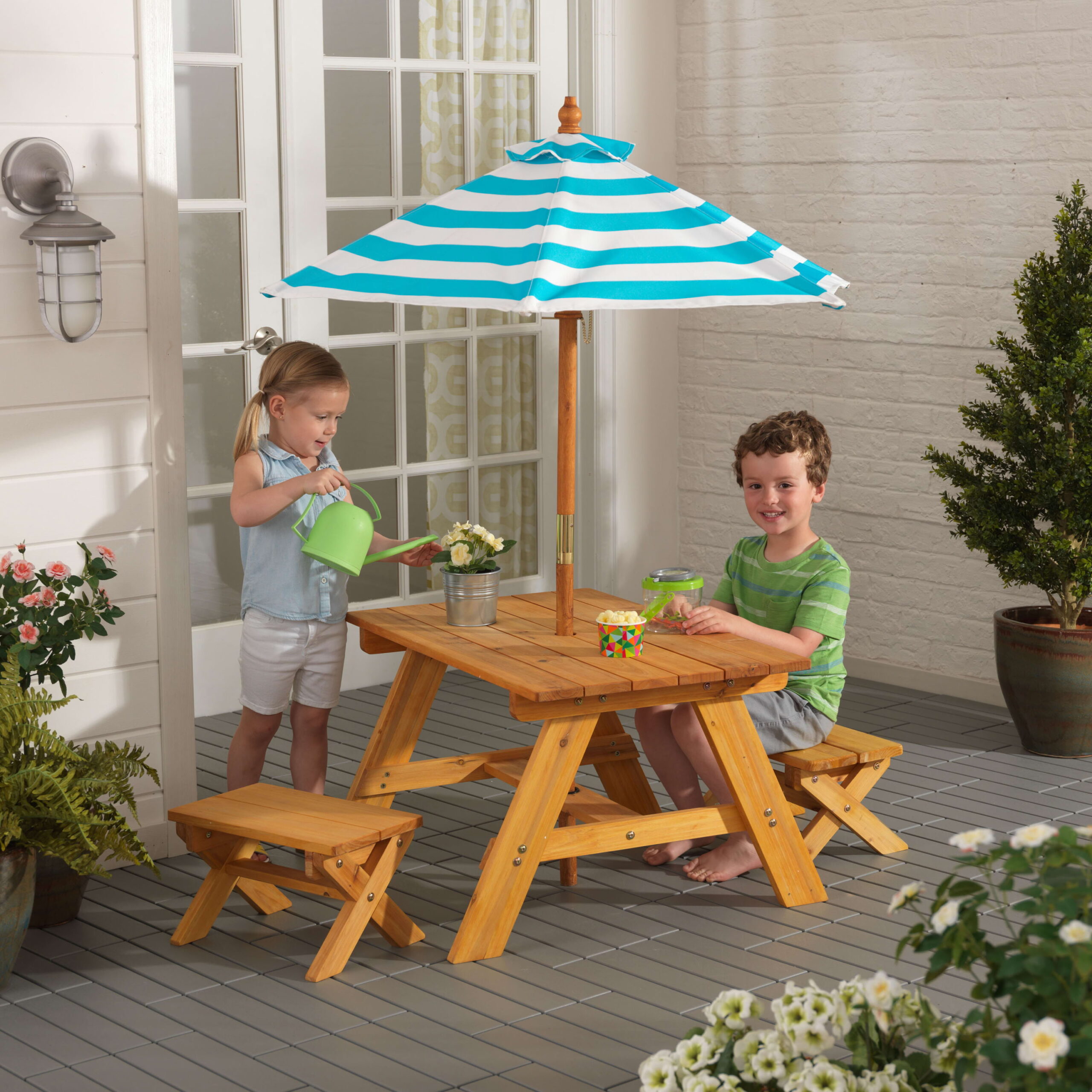KidKraft Outdoor Wooden Table & Bench Set. Striped Umbrella. Turquoise and White