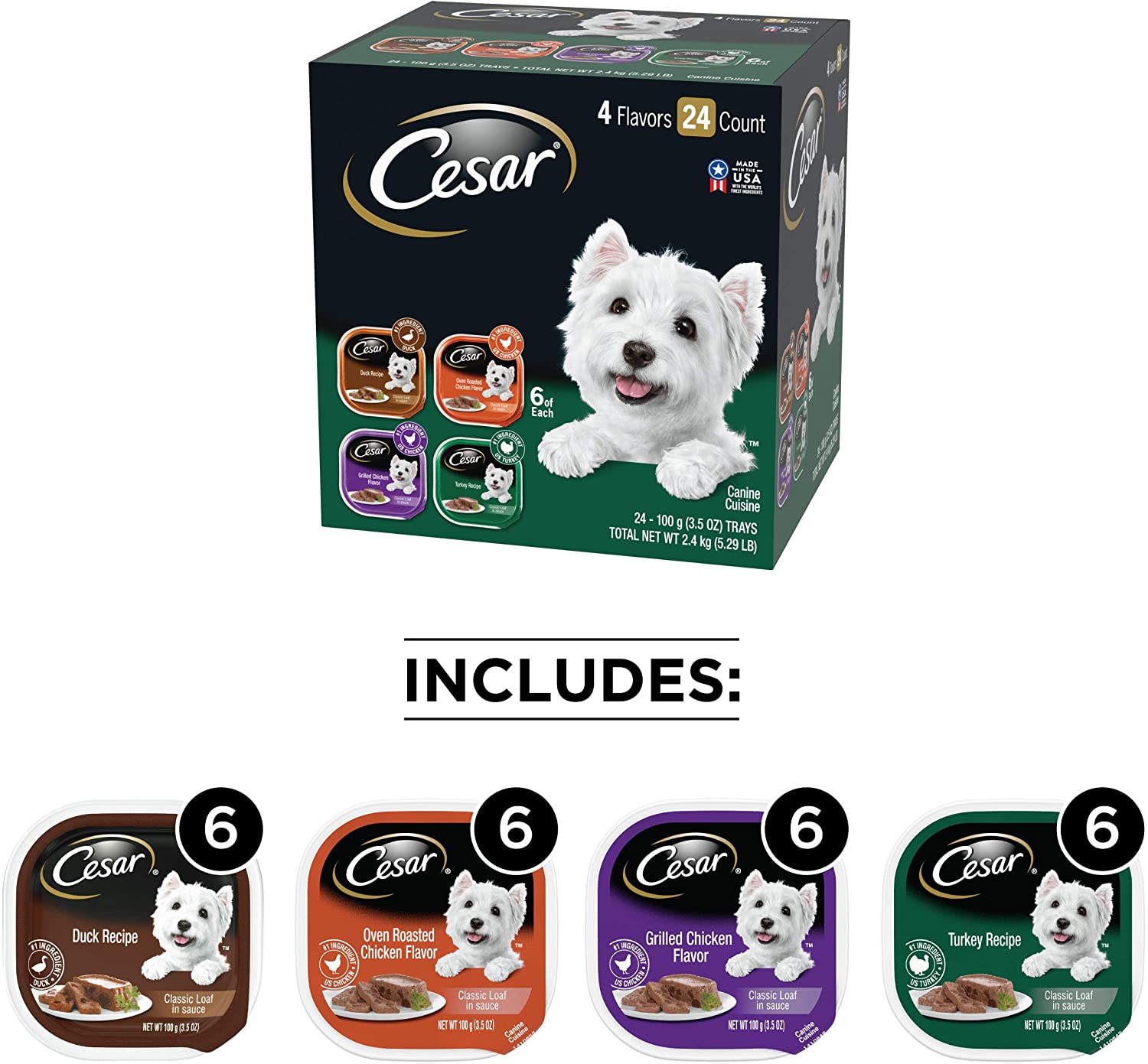 CESAR Soft Wet Dog Food Classic Loaf in Sauce Poultry Variety Pack. (24) 3.5 oz. Easy Peel Trays with Real Chicken. Turkey or Duck