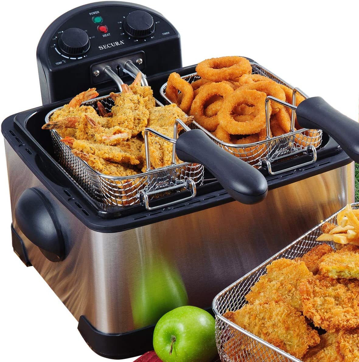 Secura 1700-Watt Stainless-Steel Triple Basket Electric Deep Fryer with Timer Free Extra Odor Filter. 4L/17-Cup