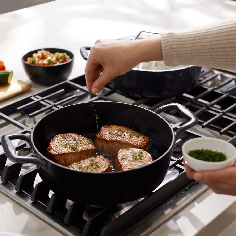 All-Clad Cast Iron Dutch Oven with Acacia Trivet 6 Quart Induction Oven Broil Safe 650F Pots and Pans. Cookware Black