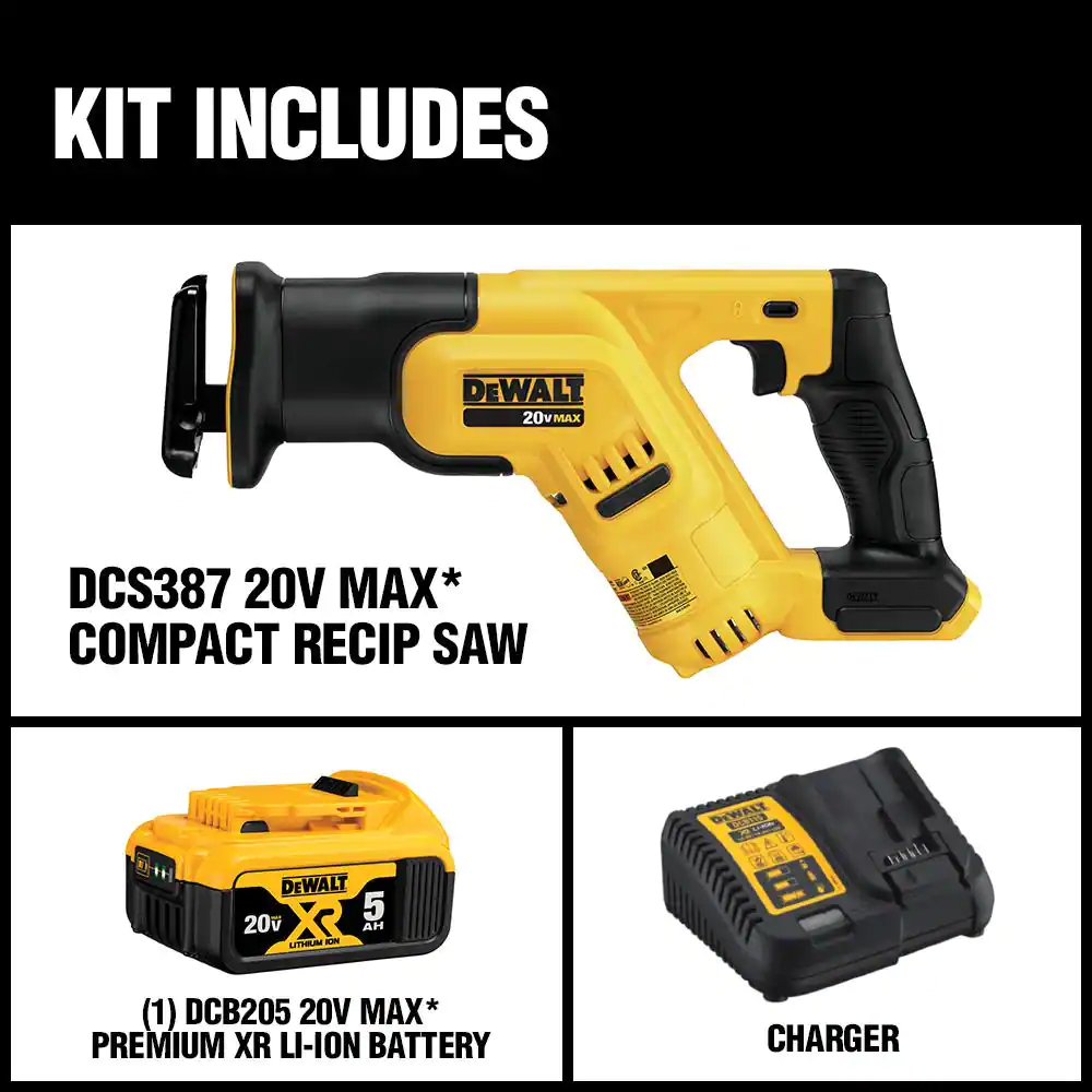 DEWALT DCS387P1 20-Volt MAX Lithium-Ion Cordless Compact Reciprocating Saw Kit with Battery 5Ah. Charger and Contractor Bag