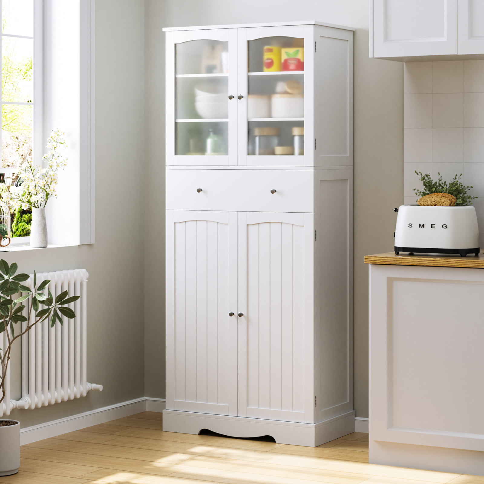 Homfa Tall Kitchen Pantry with 4 Doors. Free Standing Storage Cabinet for Dining Room. White