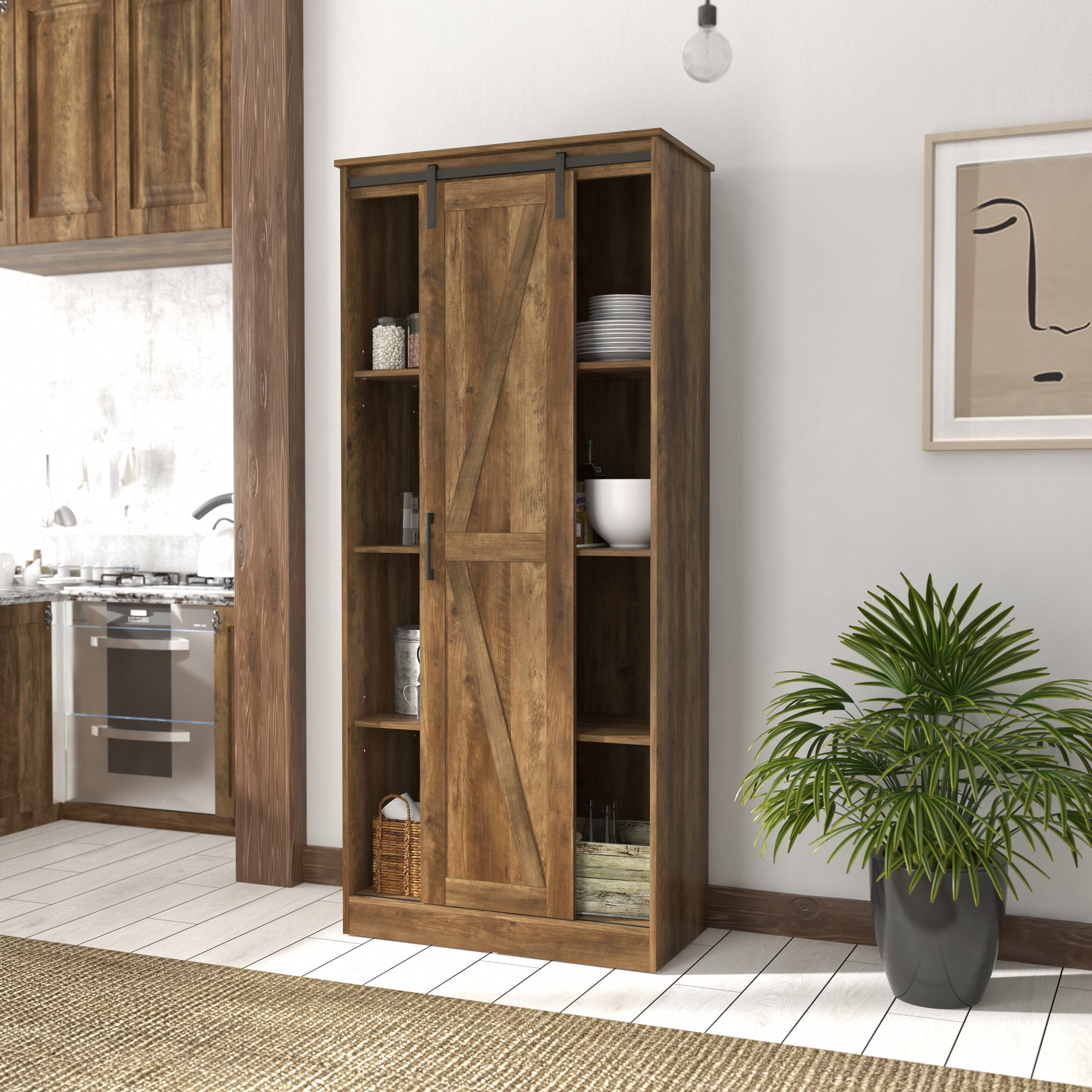 Woven Paths Shelton Wood Kitchen Pantry with 1 Sliding Barn Door. Knotty Oak