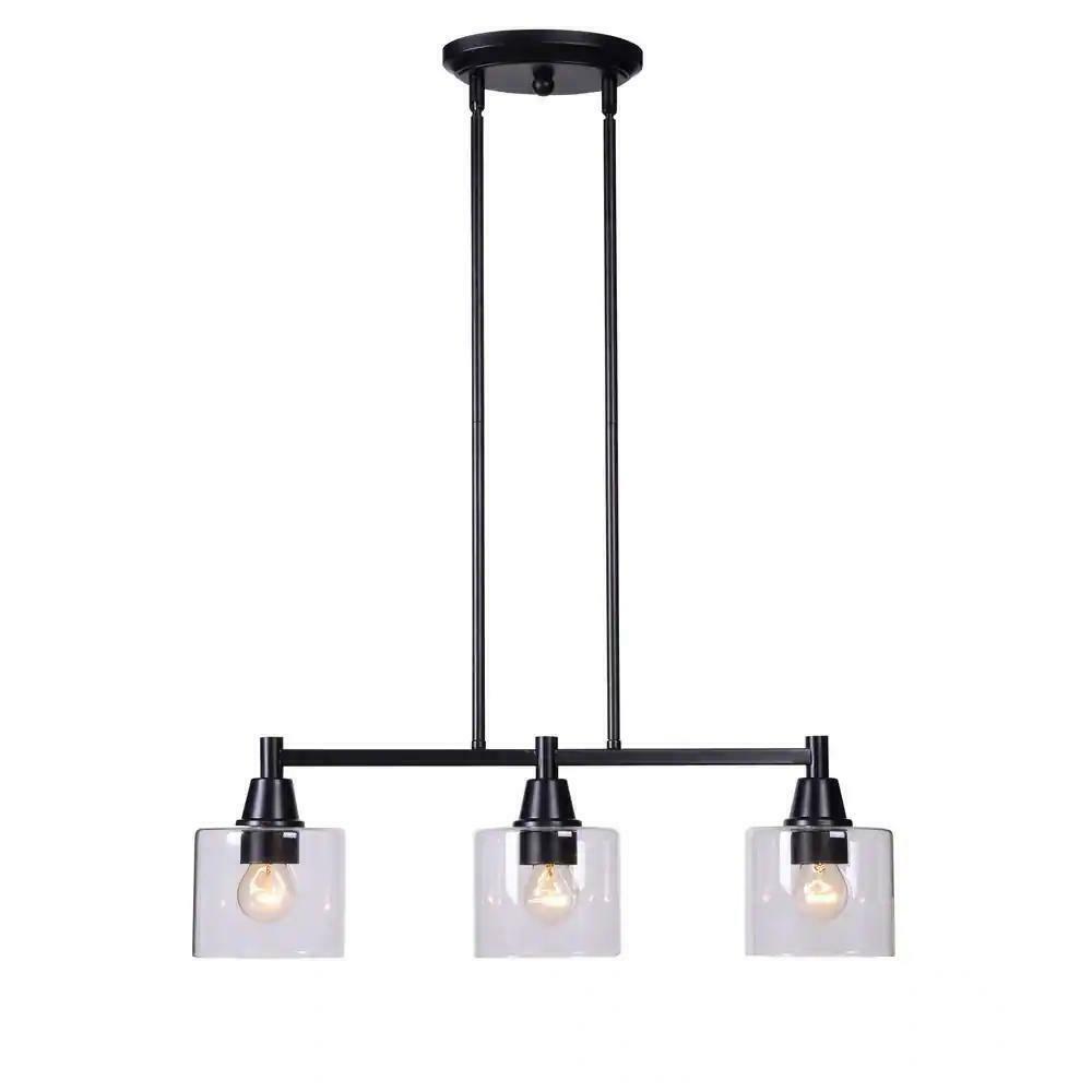 Hampton Bay HDP12070BL Oron 3-Light Black Linear Island Pendant Hanging Light. Kitchen Lighting with Clear Glass Shades