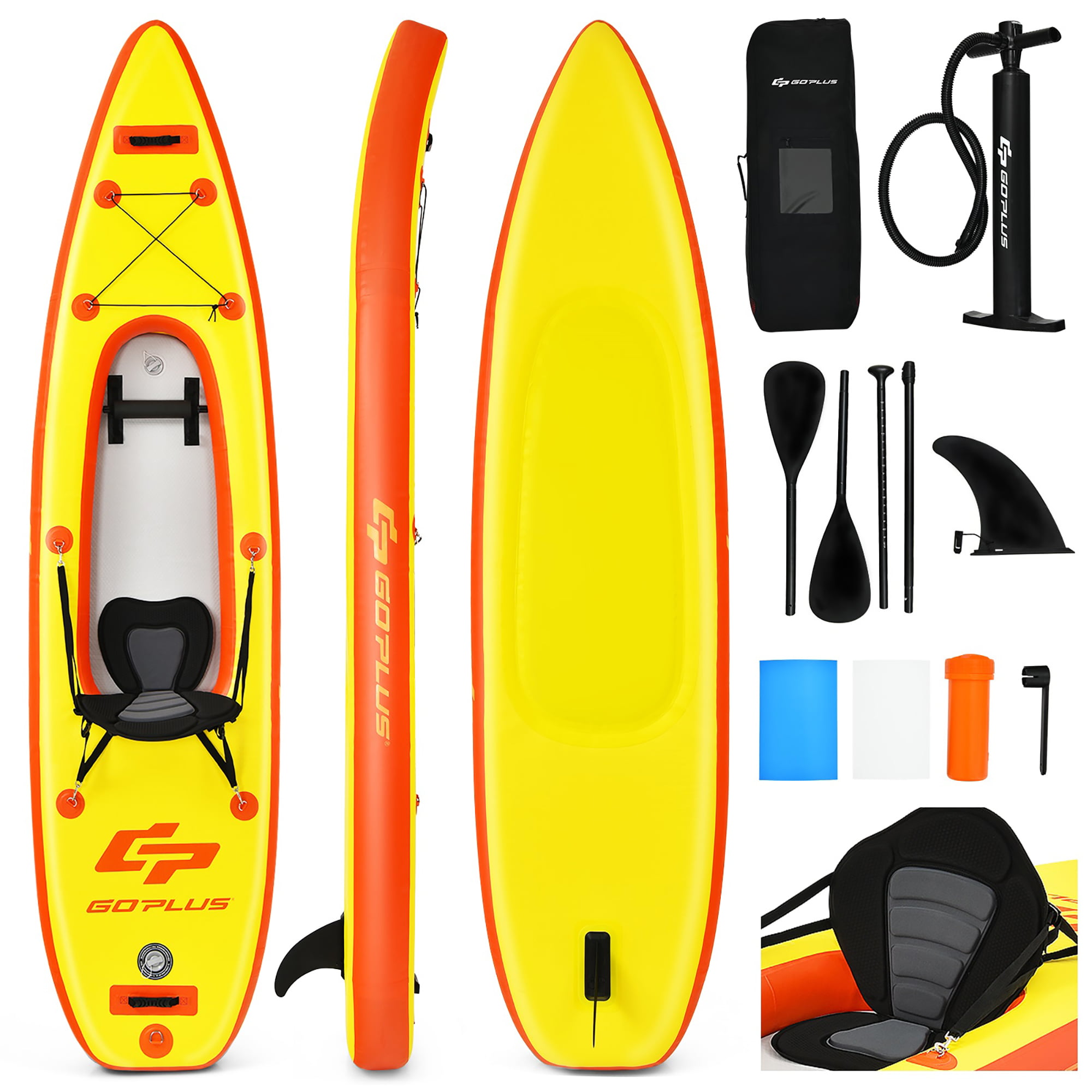 Goplus 10.8′ Inflatable Kayak Set K1 1-Person Sit-On-Top Kayak with Oars Yellow