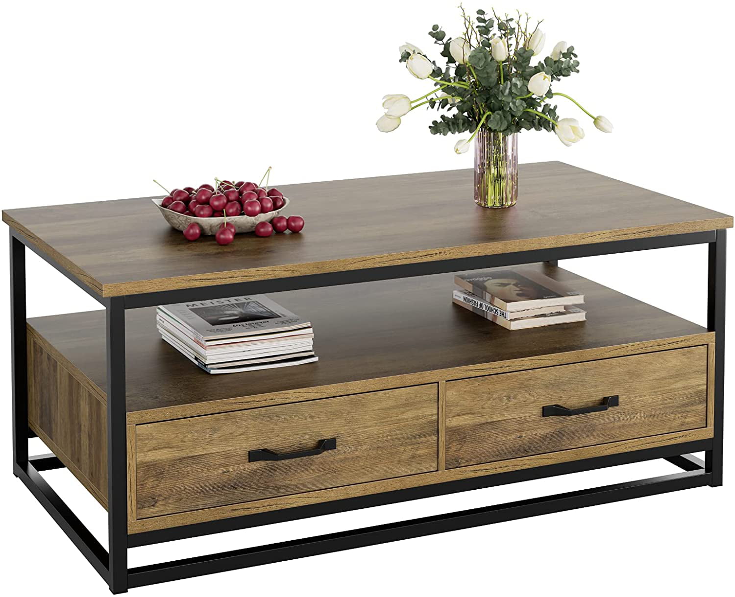 Homfa Coffee Table with Storage for Living Room. 43″ Wooden Center Table with Drawers. Low Frame Cocktail Table with 1 Shelf and 2 Drawers. Rustic Brown