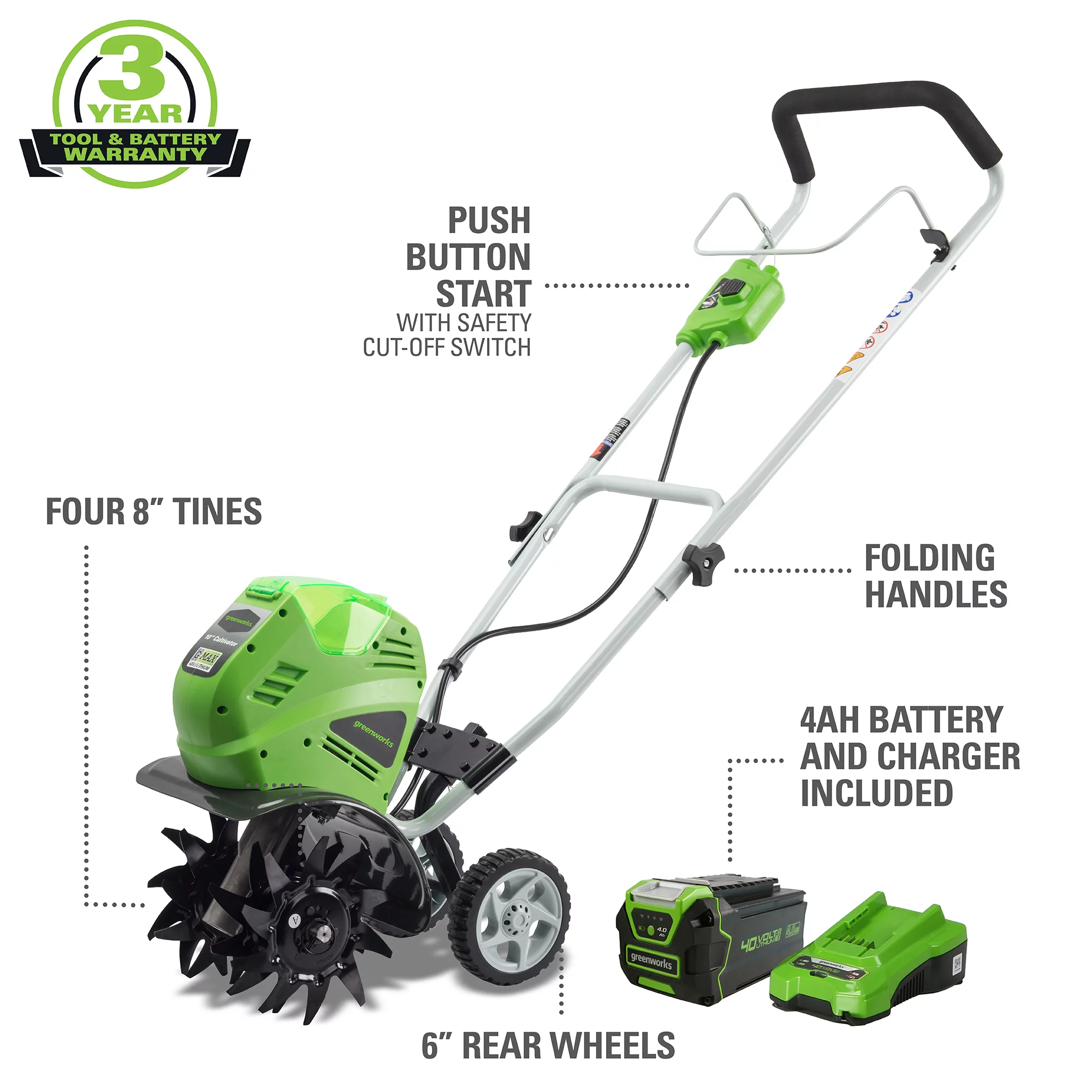 Greenworks 40V 10-inch Cordless Cultivator/Tiller with 40 Ah Battery and Charger. 27062