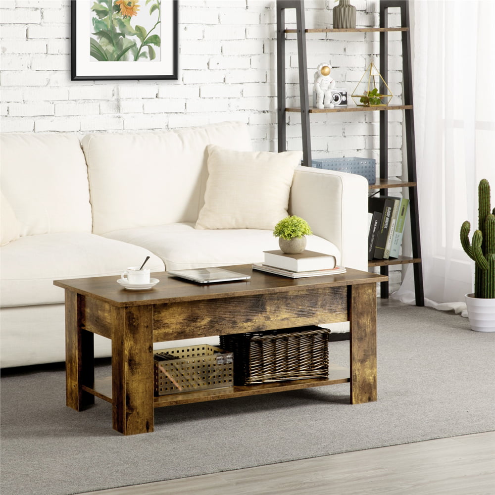 Easyfashion Modern 38.6″ Wood Lift Top Coffee Table with Lower Shelf. Rustic Brown