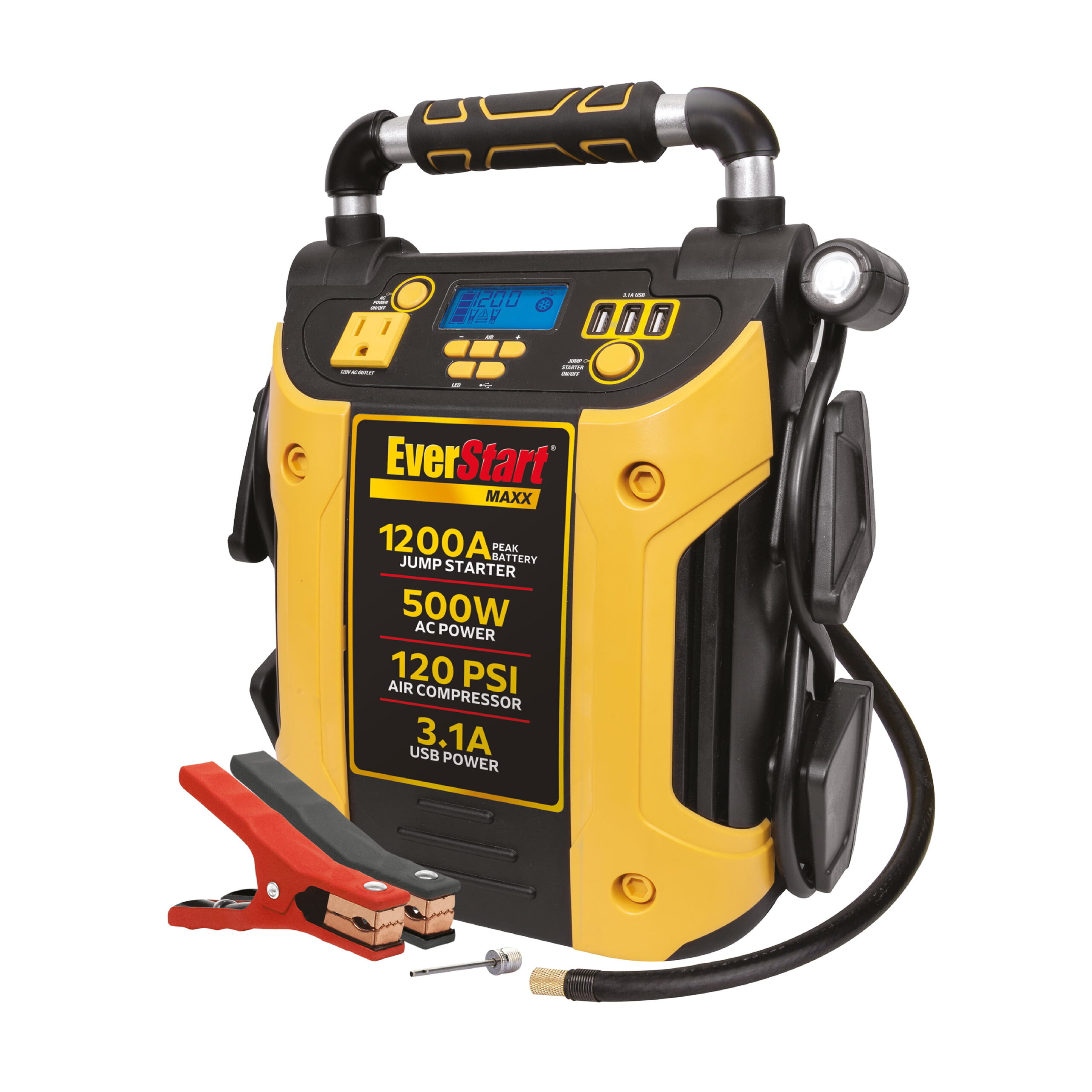 EverStart Maxx J5CPDE Jump Starter. Power Station. 1200 Peak Battery Amps with 500W Inverter and 120 PSI Compressor