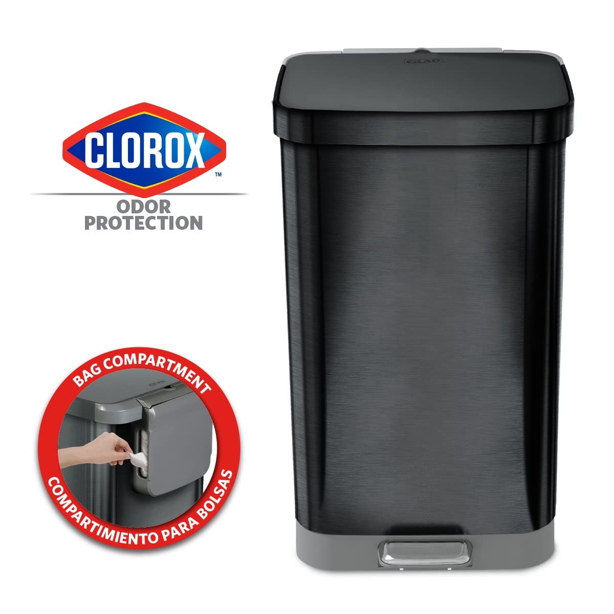 Glad Stainless Steel Step Trash Can with Clorox Odor Protection | Large Metal Kitchen Garbage Bin with Soft Close Lid. Foot Pedal and Waste Bag Roll Holder. 20 Gallon. All Pewter