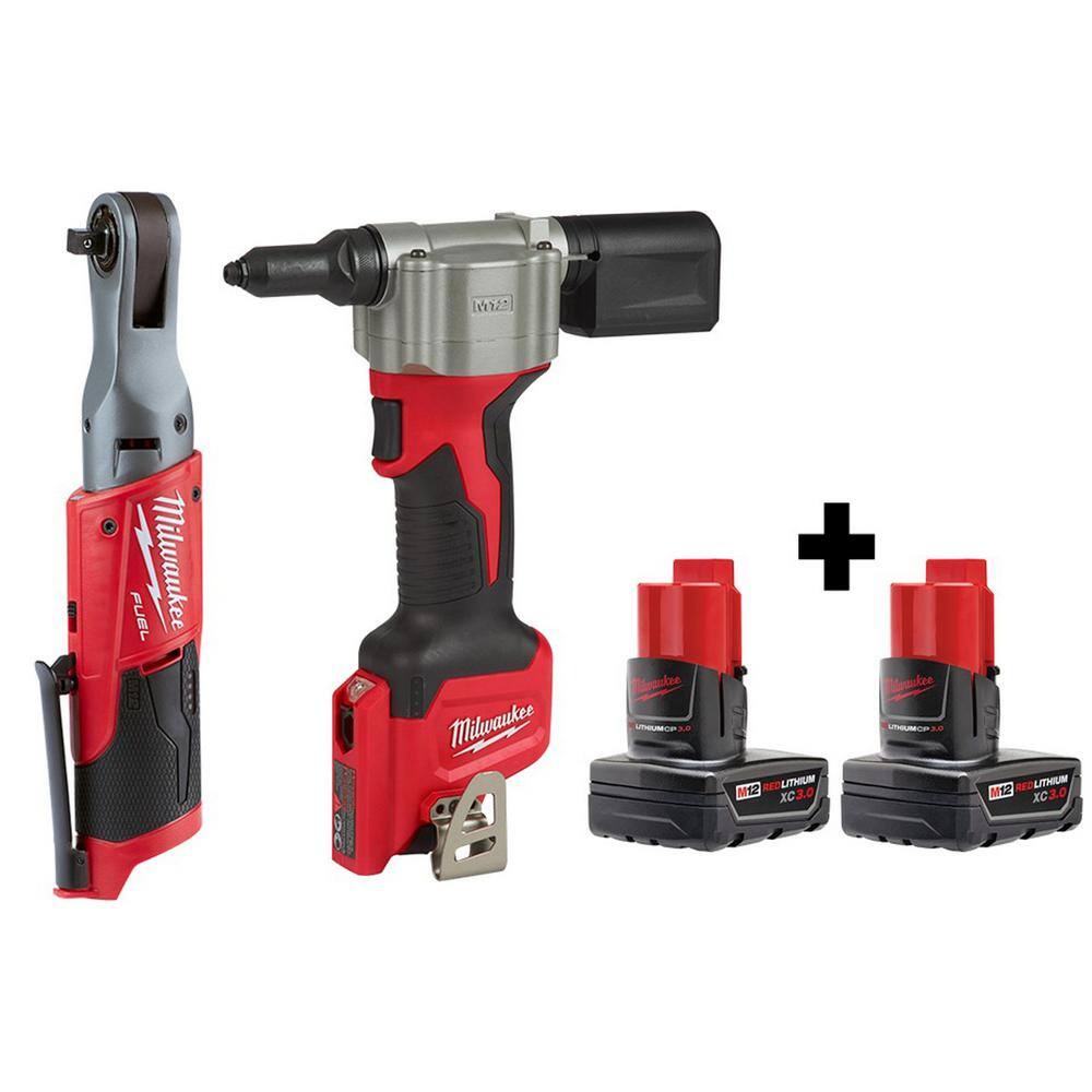 Milwaukee 2557-20-2550-20-48-11-2412 M12 FUEL 12V Lithium-Ion Brushless Cordless 3/8 in. Ratchet and Rivet Tool with Two 3.0 Ah Batteries