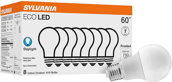SYLVANIA Eco Led A19 Light Bulb. 60W Equivalent. Efficient 9W - 8 Pack