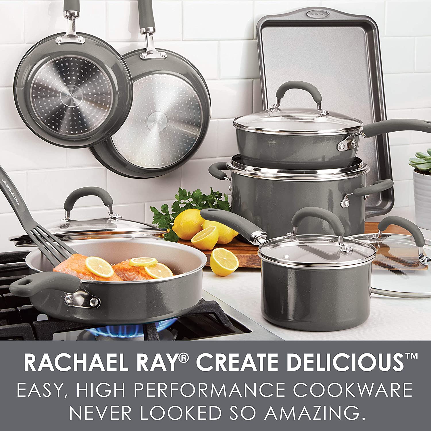Rachael Ray  Create Delicious 13pc Enameled Aluminum Cookware. Gray Shimmer
