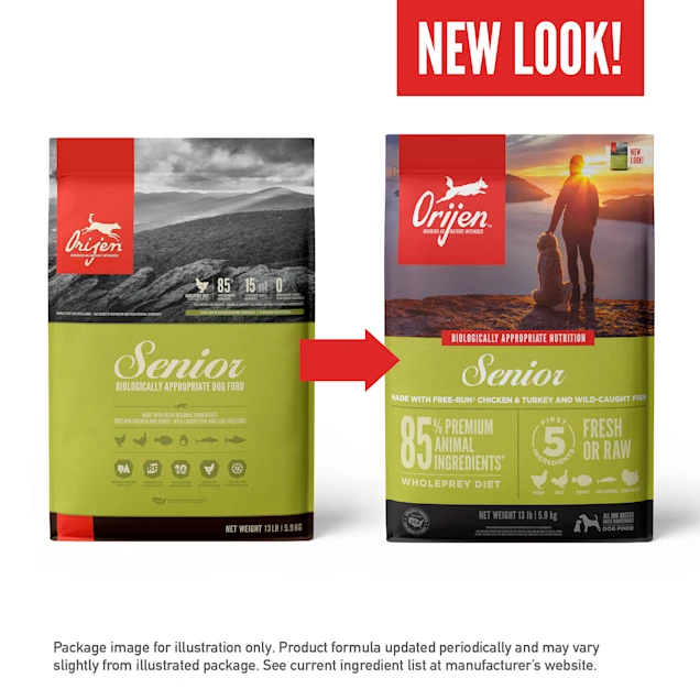 ORIJEN Senior Grain Free High Protein Fresh & Raw Animal Ingredients Dry Dog Food. 3 LEVELS OF WEIGHT