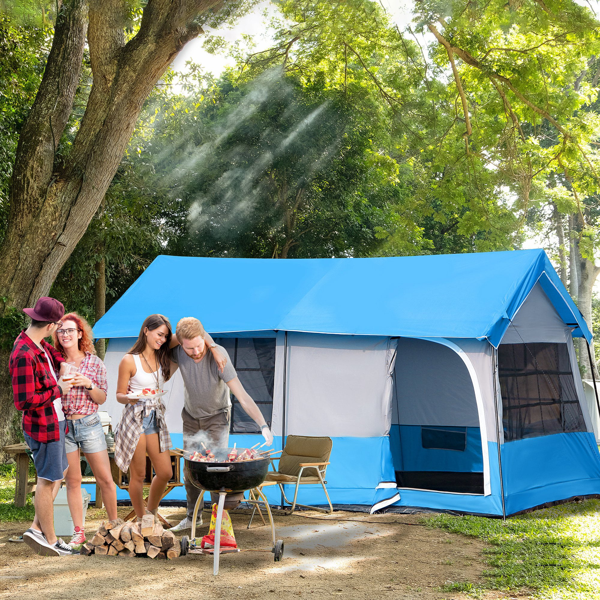 Outsunny Large Camping Tent with 10 Person Floorspace. Rain Cover & Breathable Mesh Roof. Large Tent 8 Person Size. Big Family Tent Camping Accessory. Blue
