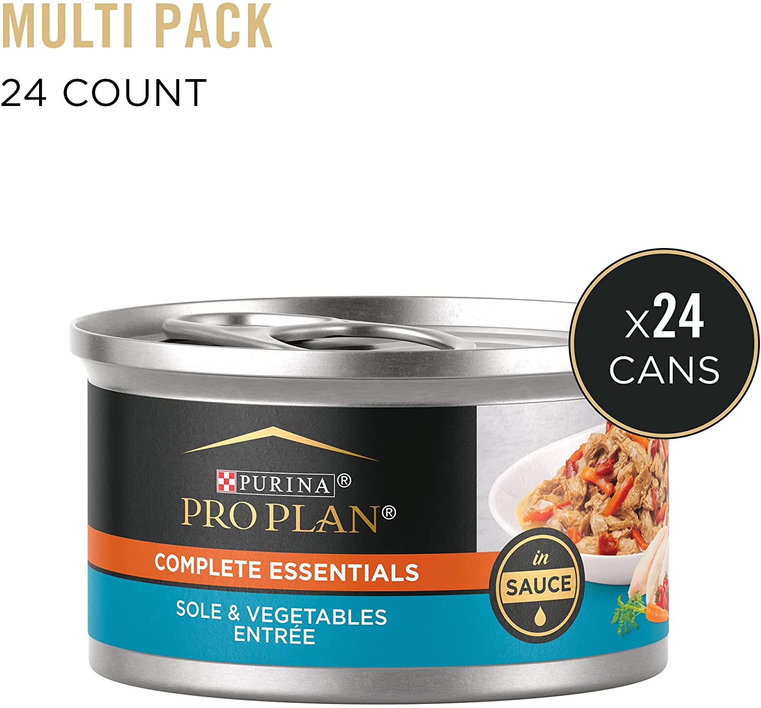 Purina Pro Plan Gravy. Pate. High Protein Wet Cat Food. COMPLETE ESSENTIALS Sole Vegetable Entree in Sauce - (24) 3 oz. Pull-Top Cans