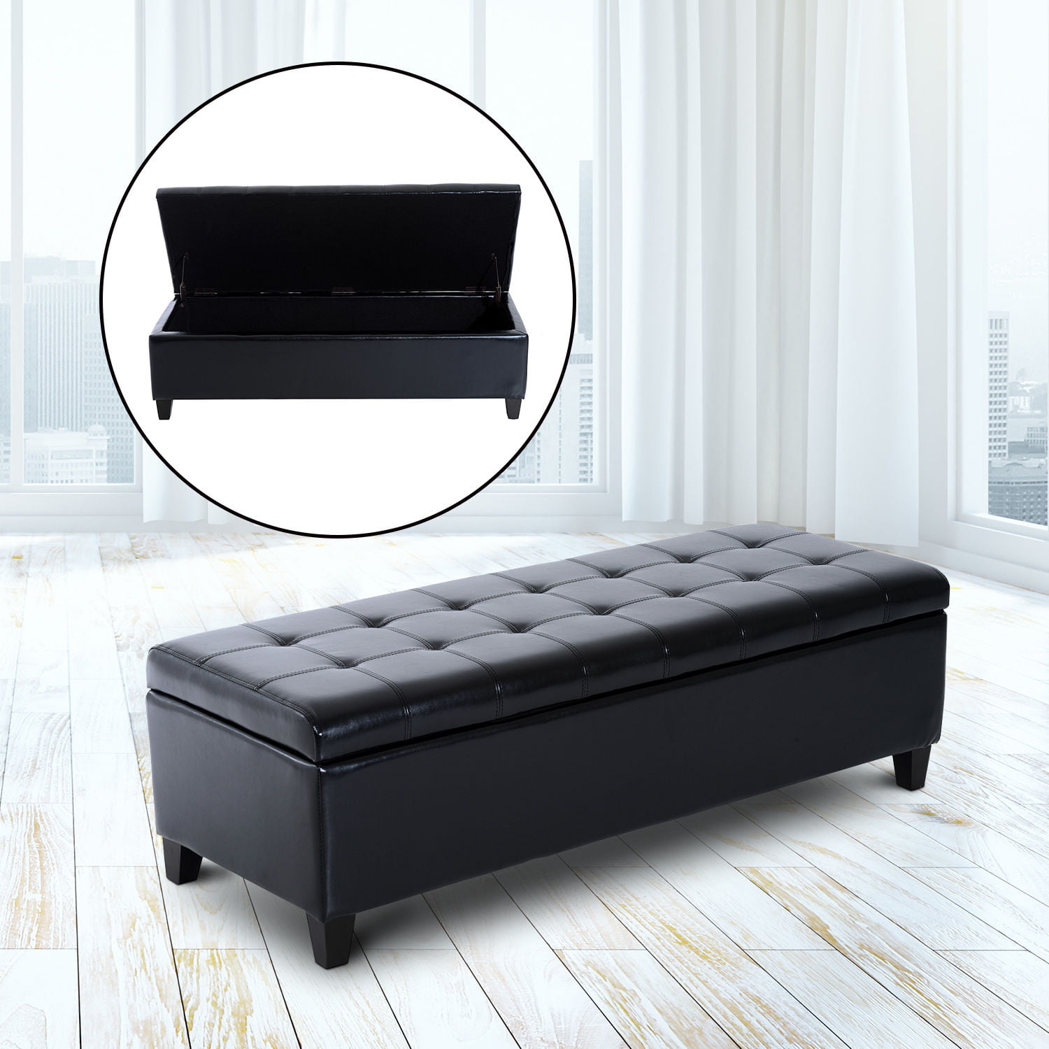 HomCom Large 51″ Tufted Faux Leather Ottoman Storage Bench - Black