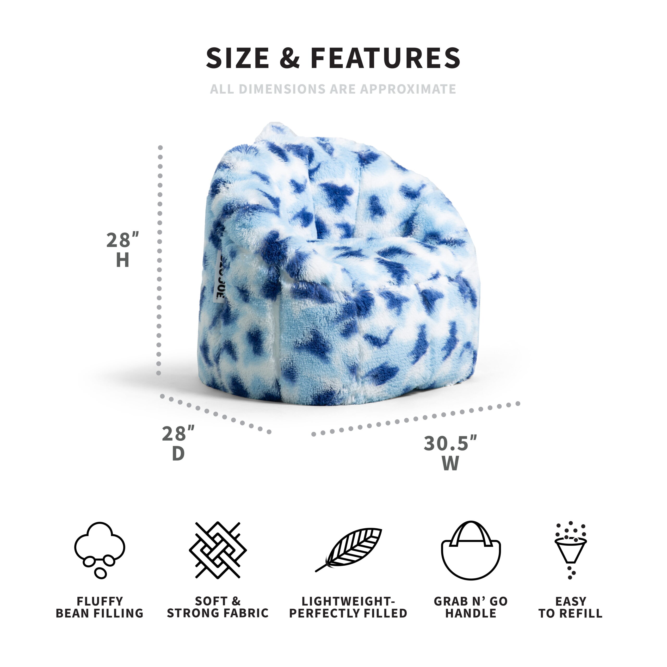 Big Joe Milano Bean Bag Chair. Plushie. 2.5ft. Indigo Tie Dye