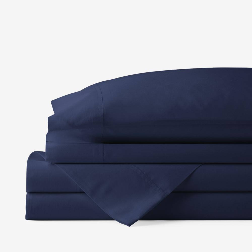 The Company Store  Company Cotton 3-Piece Navy Solid 300-Thread Count Cotton Percale Twin Sheet Set - Navy