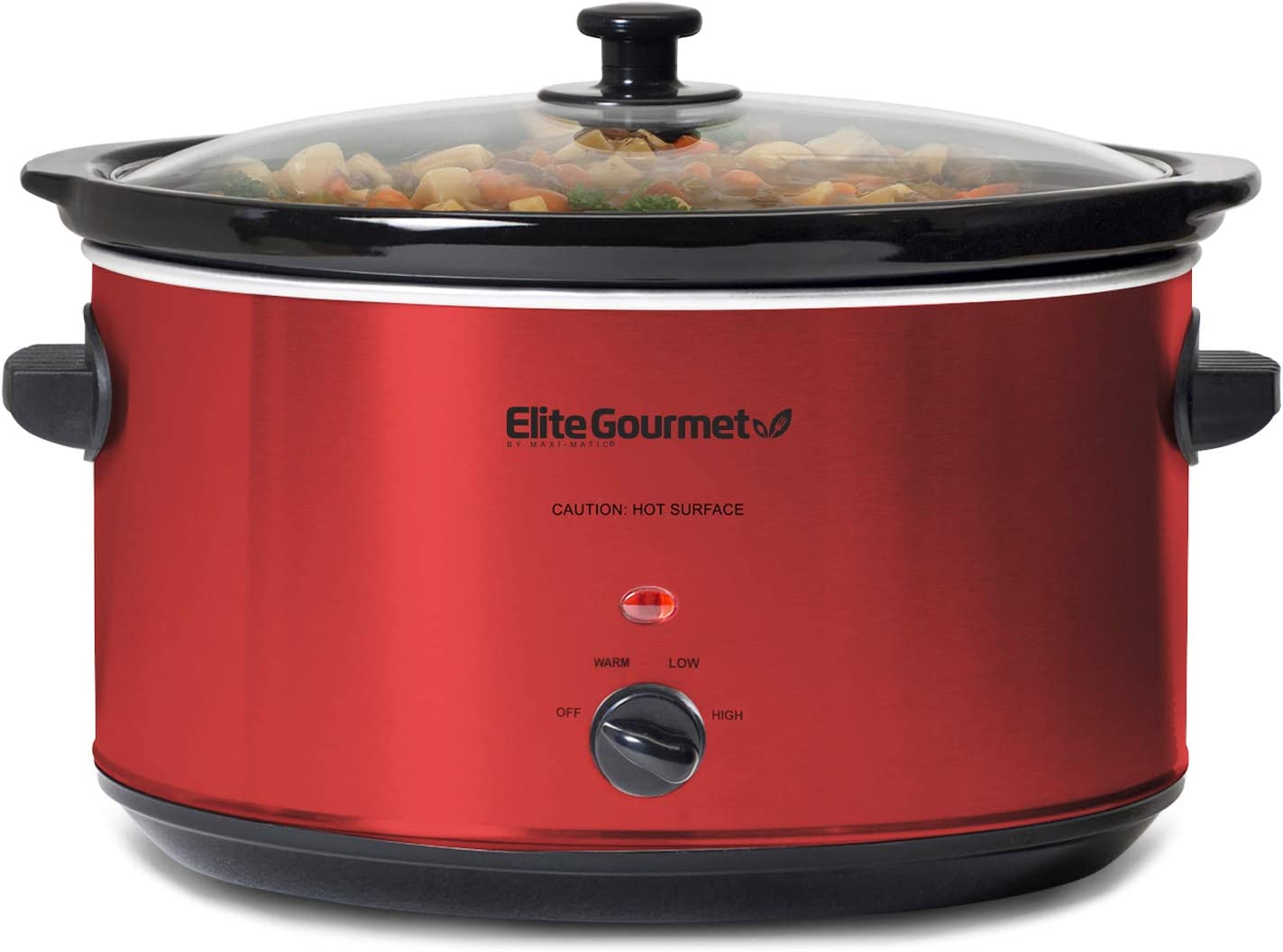 Elite Gourmet MST-900RXT# Electric Ceramic XL Jumbo Slow Cooker. Adjustable Temp. Entrees. Sauces. Stews & Dips. Dishwasher Safe Glass Lid & Crock. 8.5Qt. MetallicRed