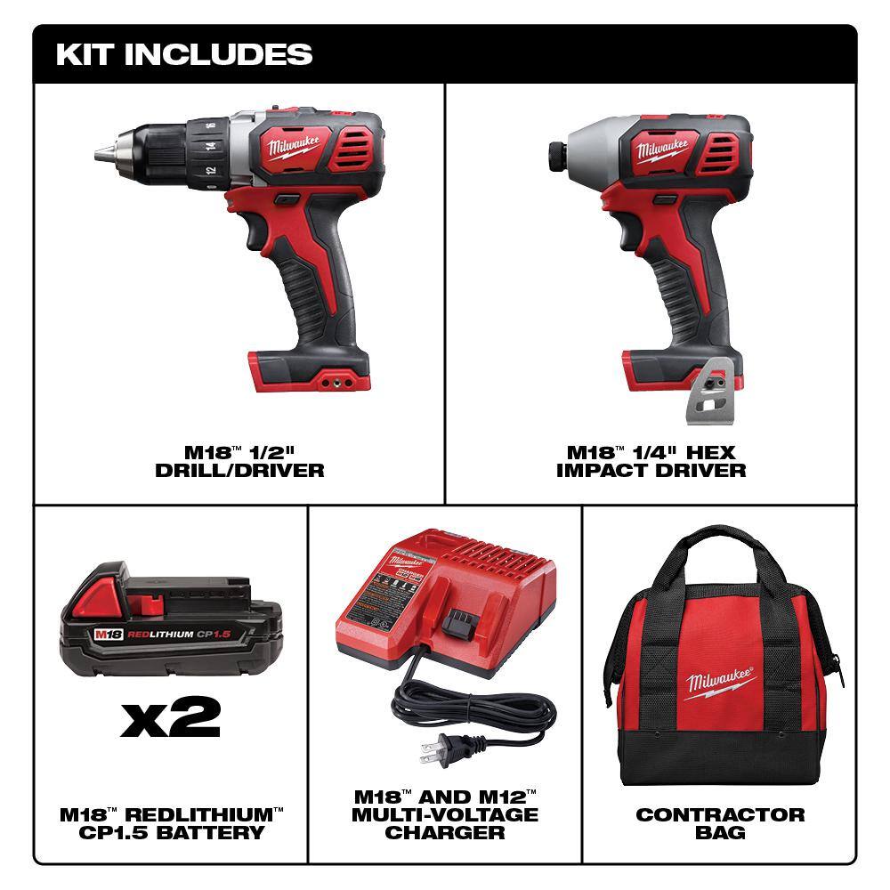 Milwaukee 2691-22-48-32-4024 M18 18V Lithium-Ion Cordless Drill Driver/Impact Driver Combo Kit (2-Tool) W/ 50PC Driving Bit Set
