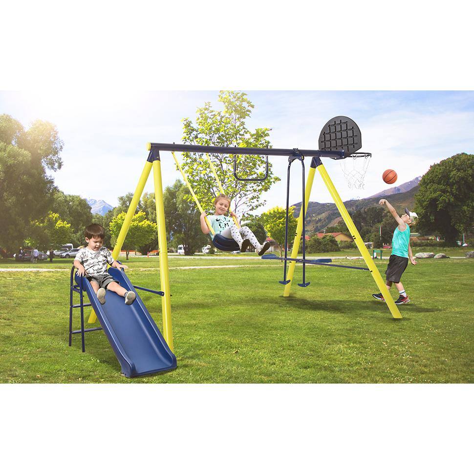 Unbranded LN20232278 Metal Outdoor Swing Set with Climbing Wall. Cover. Swing. and Tower Steel Frame. Swing n- Slide. Basketball Hoop