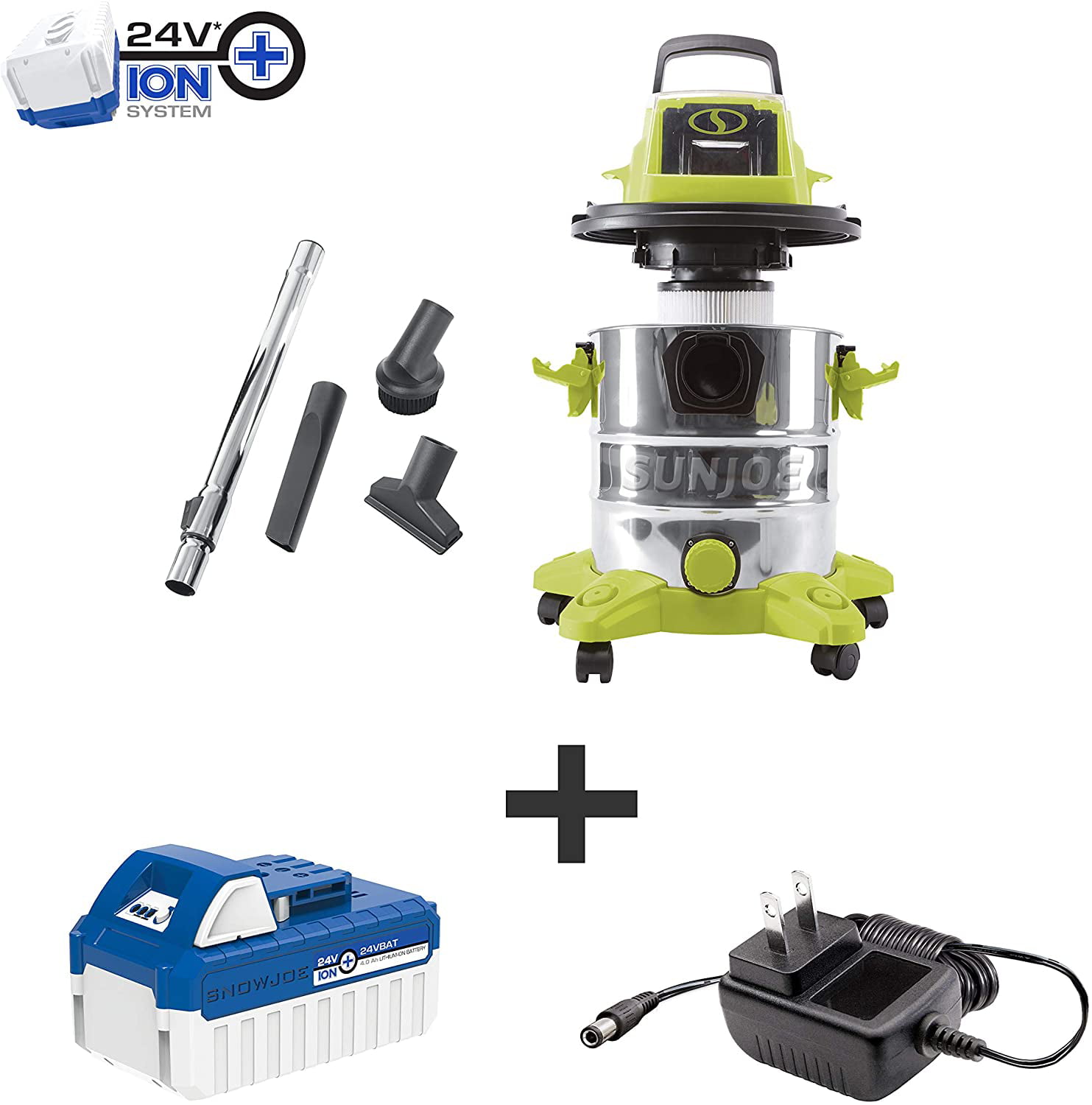 Sun Joe 24V Cordless Stainless Steel 5.2-gal Wet + Dry Vacuum. 4.0-Ah Battery & Charger