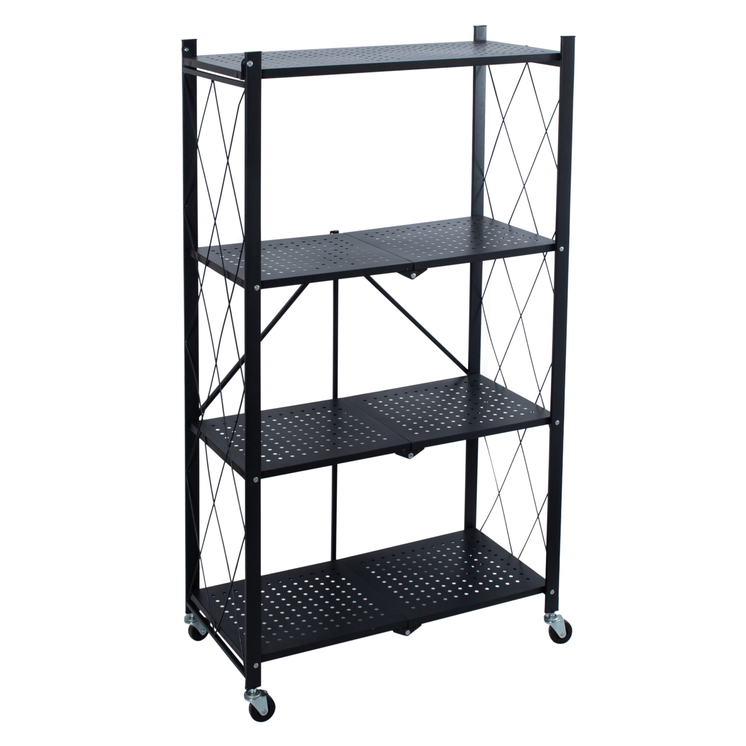 Organize It All 4 Shelf Foldable Metal Storage Shelves. Wheels. Adult. Kitchen. Laundry Room. Black