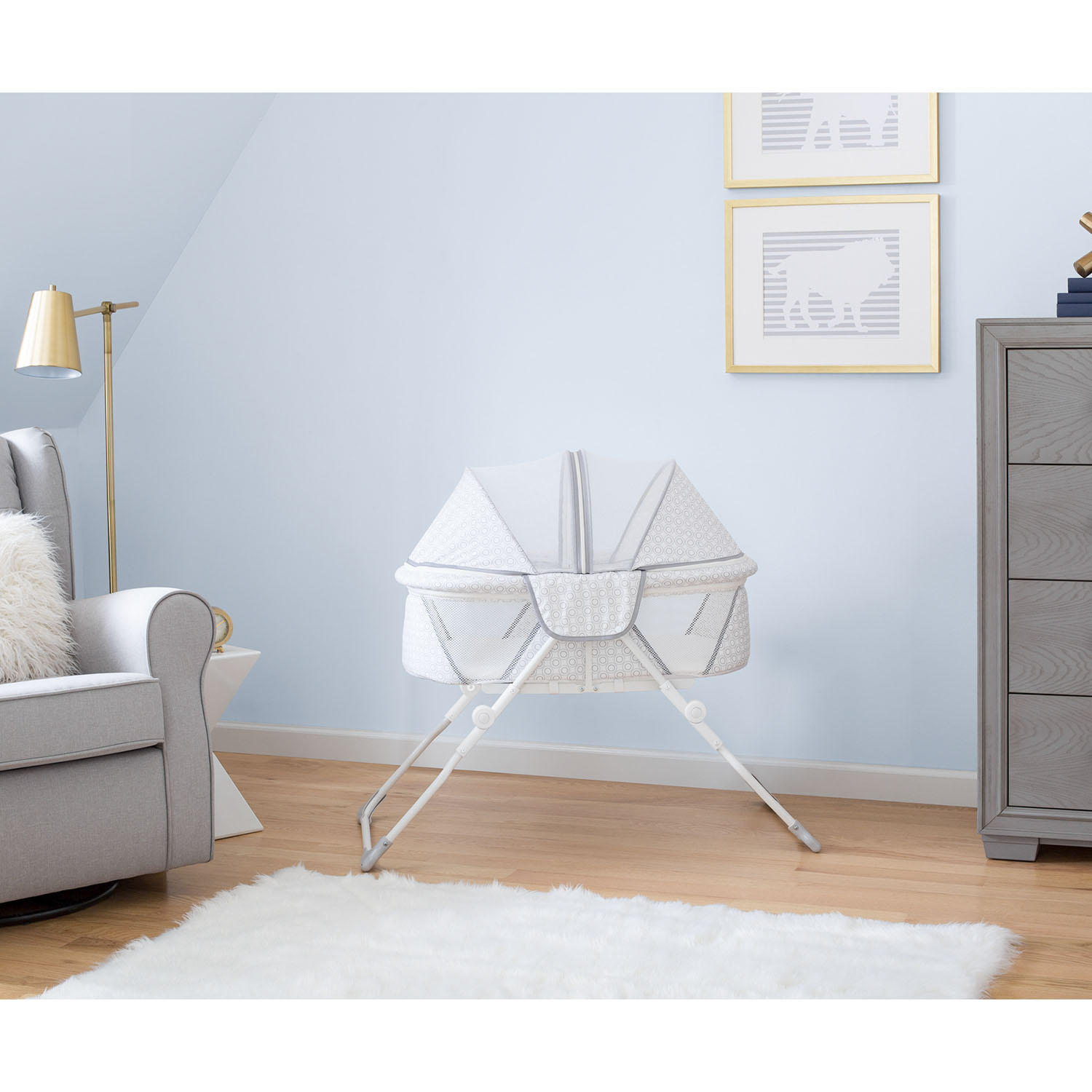 Delta Children EZ Fold Ultra Compact Travel Bassinet. Mirage. White Gray