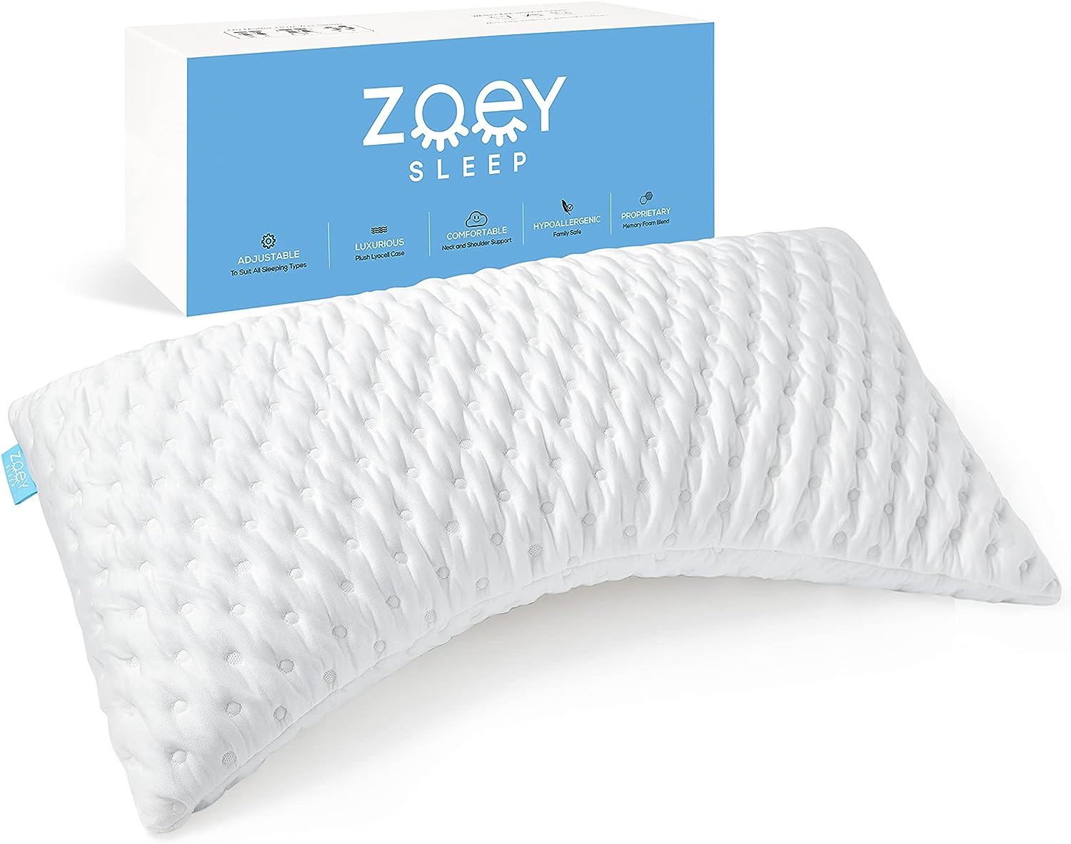 Zoey Sleep Side Sleep Pillow for Neck and Shoulder Pain Relief - Adjustable Memory Foam Bed Pillows for Sleeping - Soft Plush Machine Washable Pillow Cover - King Size Bed Pillow 19″ x 36″. White