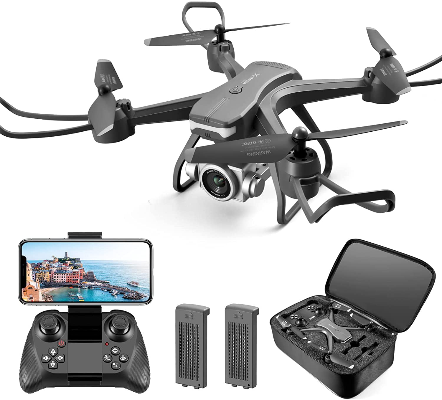 4DRC V14 Drone with 1080P HD Camera Live Video 120°Wide-Angle Wifi Altitude Hold. 3D Flip 2 Batteries Black